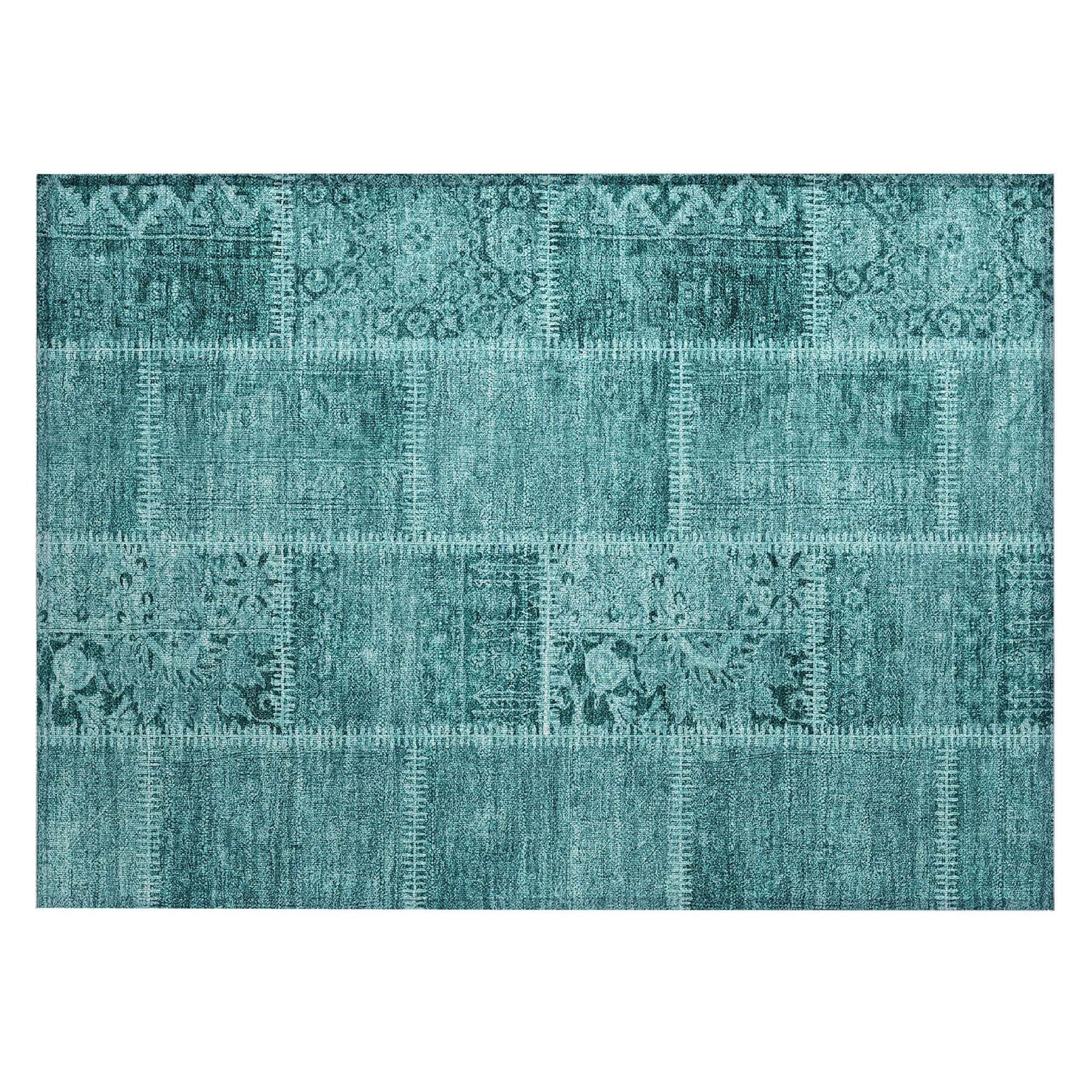 Machine Washable Turquoise Teal Rug - Indoor / Outdoor - Kids / Pet Friendly Patchwork Print Rug