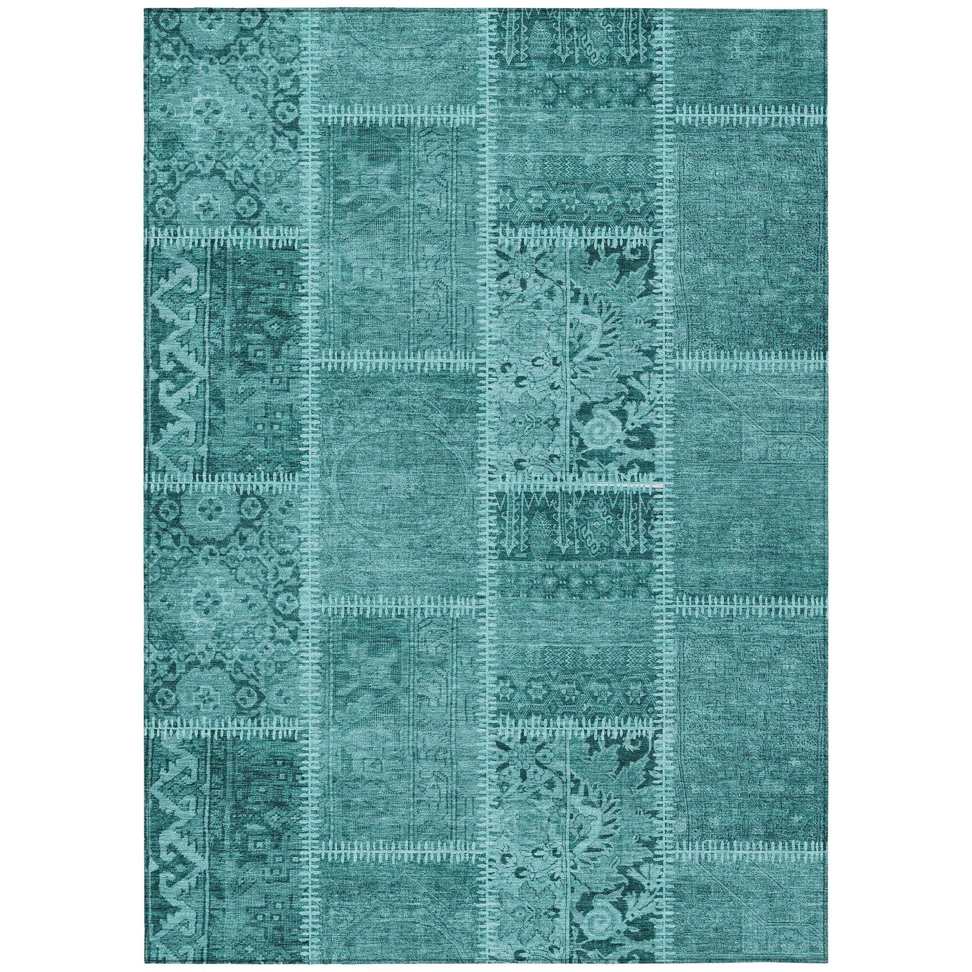 Machine Washable Turquoise Teal Rug - Indoor / Outdoor - Kids / Pet Friendly Patchwork Print Rug