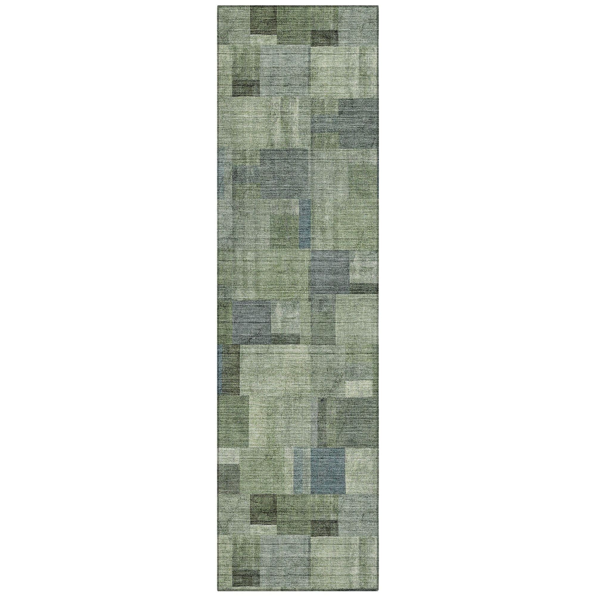 Machine Washable Green Rug - Indoor / Outdoor - Kids / Pet Friendly Squares Print Rug