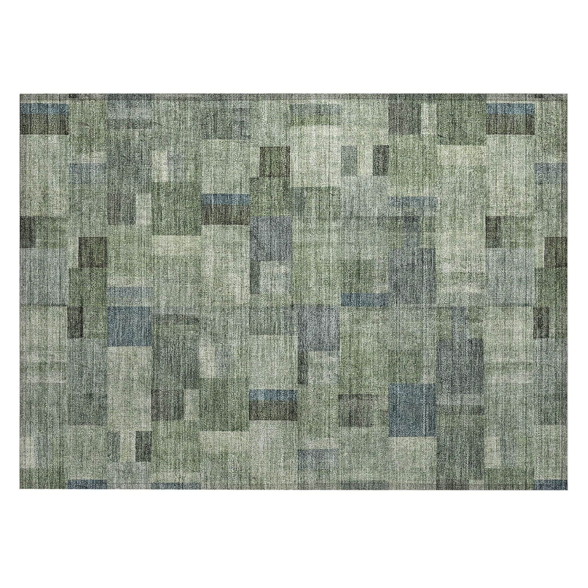 Machine Washable Green Rug - Indoor / Outdoor - Kids / Pet Friendly Squares Print Rug