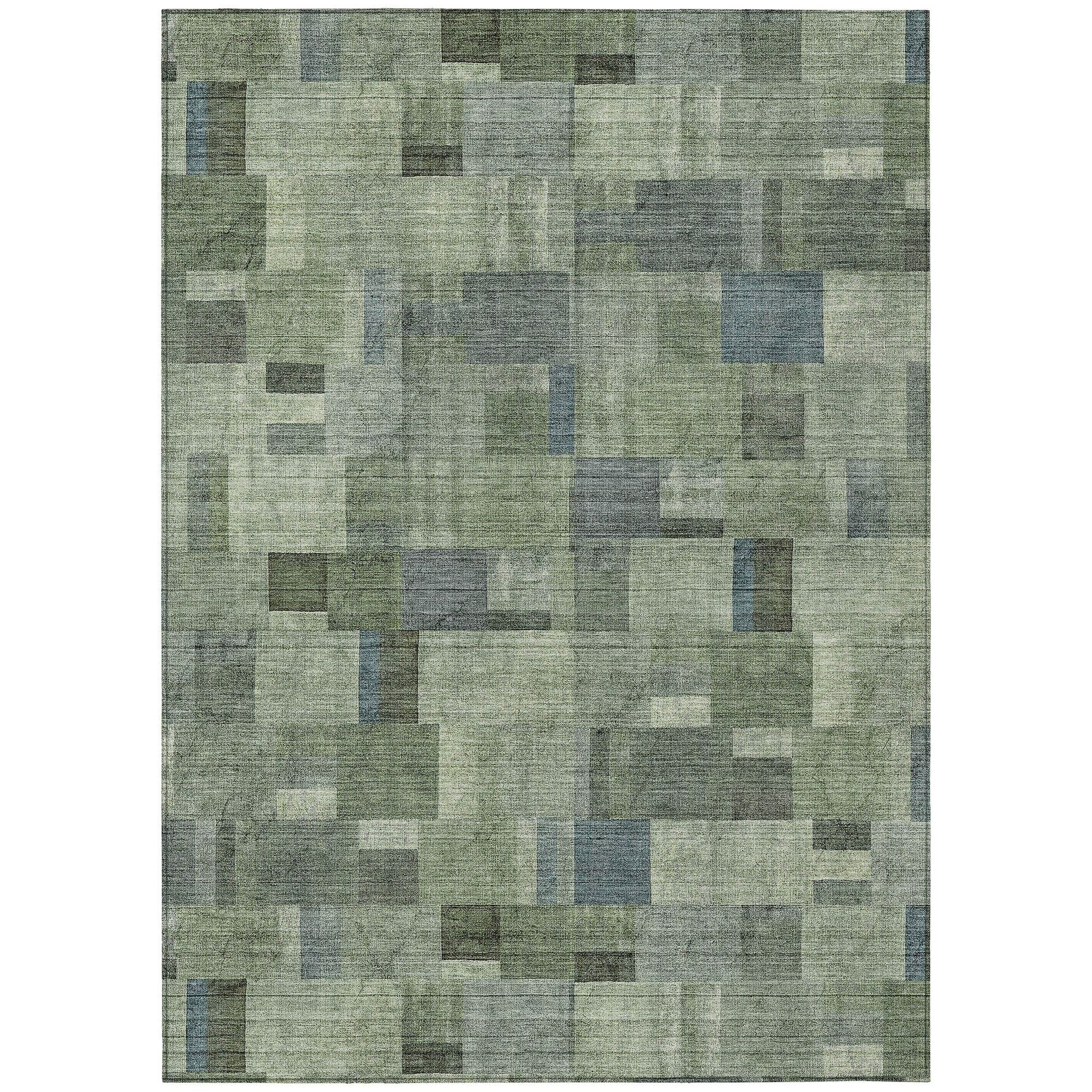 Machine Washable Green Rug - Indoor / Outdoor - Kids / Pet Friendly Squares Print Rug