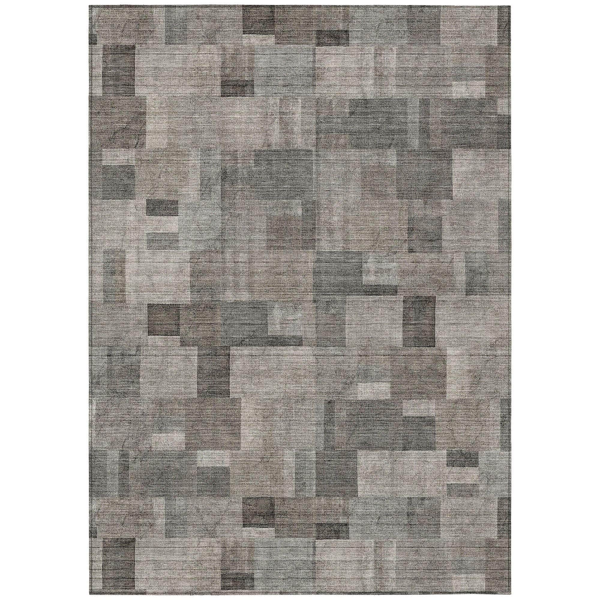 Machine Washable Taupe Brown Rug - Indoor / Outdoor - Kids / Pet Friendly Squares Print Rug