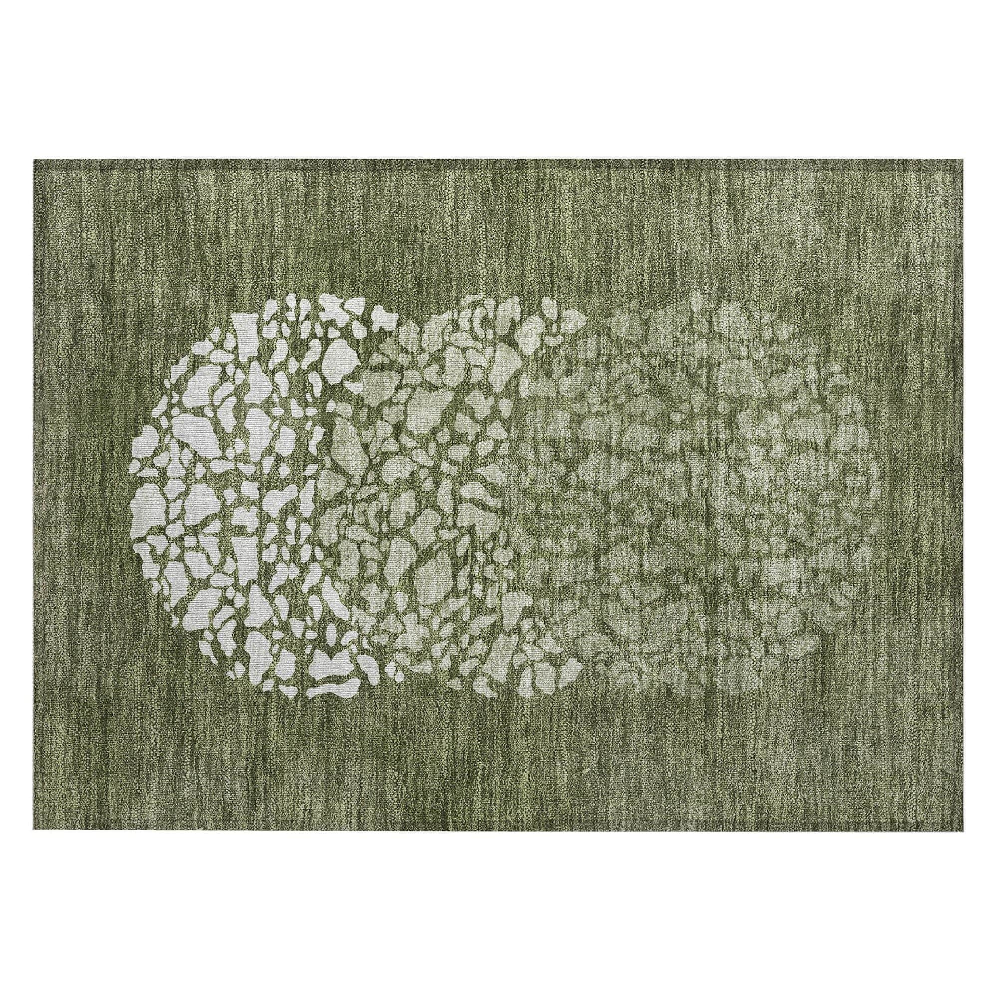 Machine Washable Olive Green Rug - Indoor / Outdoor - Kids / Pet Friendly Circles Print Rug