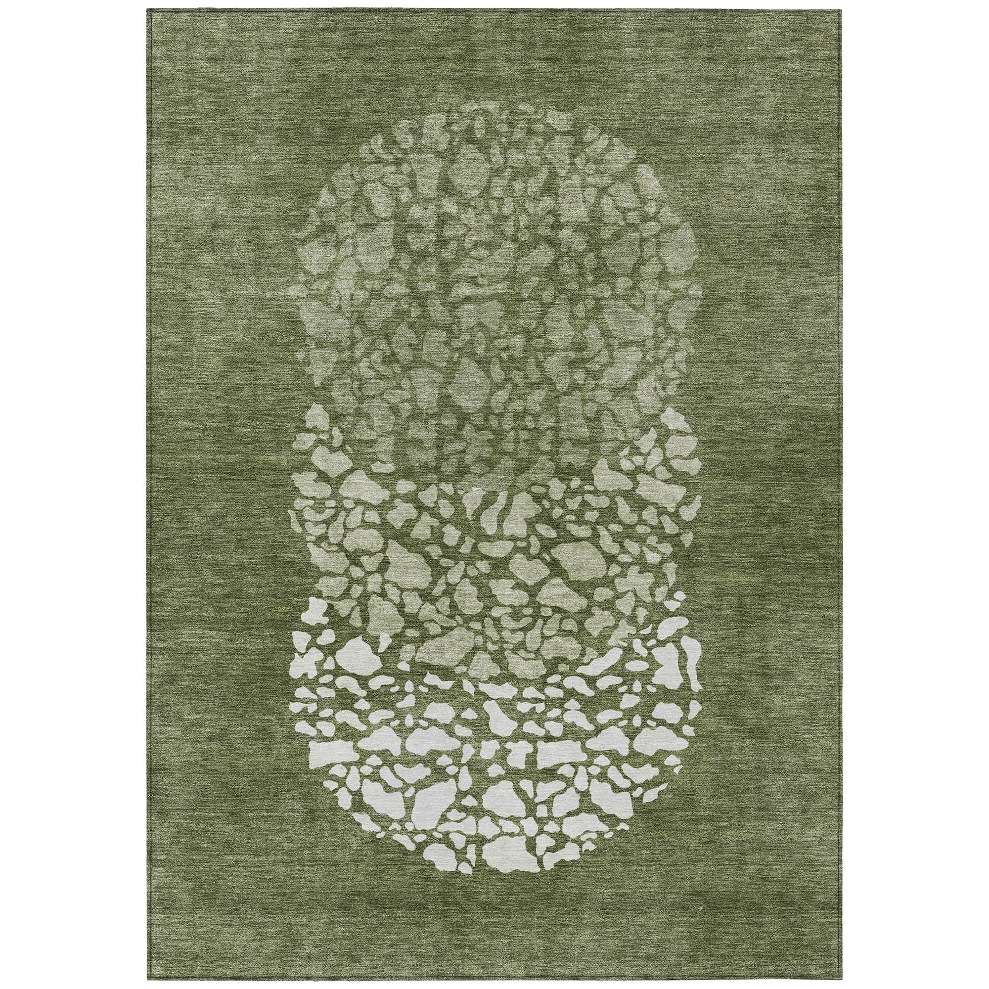 Machine Washable Olive Green Rug - Indoor / Outdoor - Kids / Pet Friendly Circles Print Rug