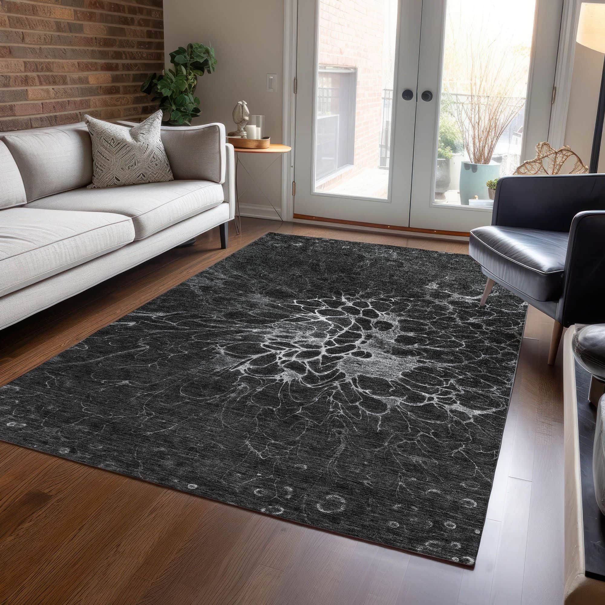 Machine Washable Charcoal Gray Rug - Indoor / Outdoor - Kids / Pet Friendly Modern Print Rug