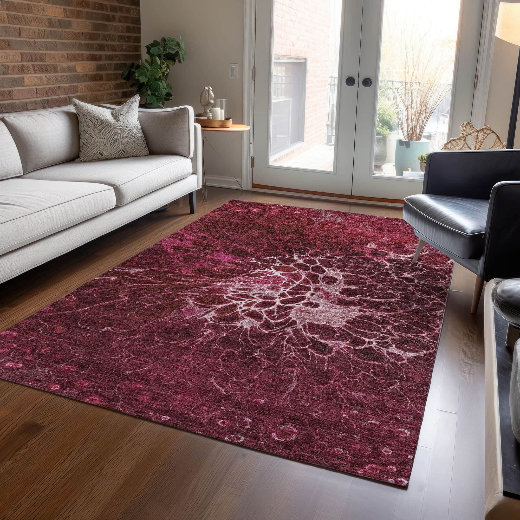 Machine Washable Merlot Red Rug - Indoor / Outdoor - Kids / Pet Friendly Modern Print Rug