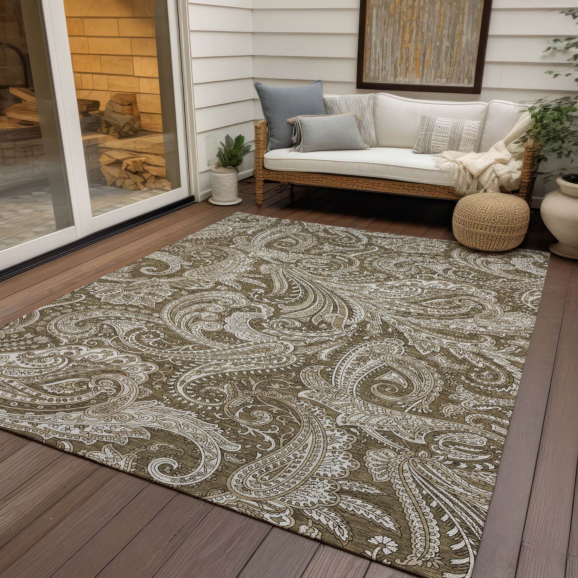 Machine Washable Chocolate Brown Rug - Indoor / Outdoor - Kids / Pet Friendly Paisley Print Rug