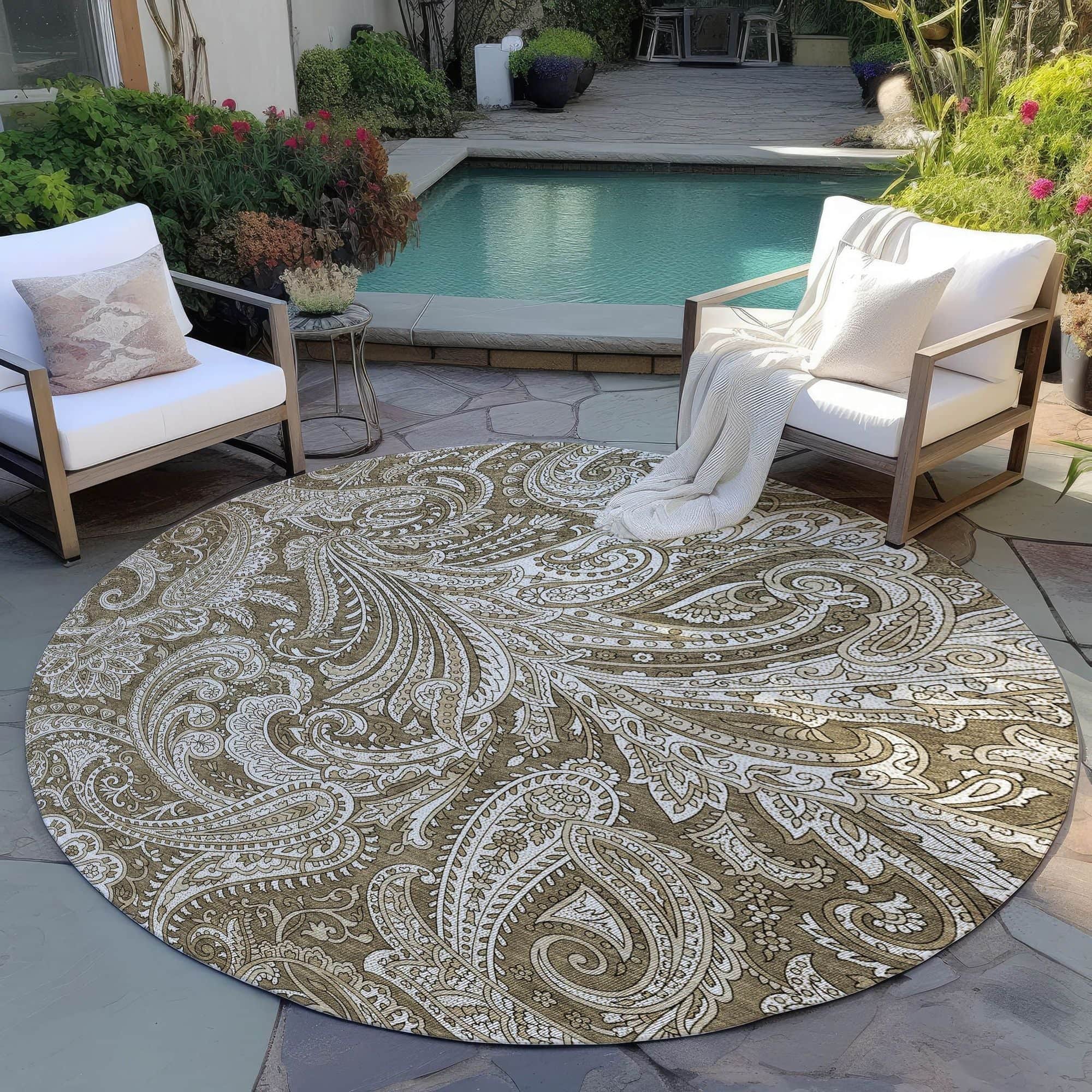 Machine Washable Chocolate Brown Rug - Indoor / Outdoor - Kids / Pet Friendly Paisley Print Rug