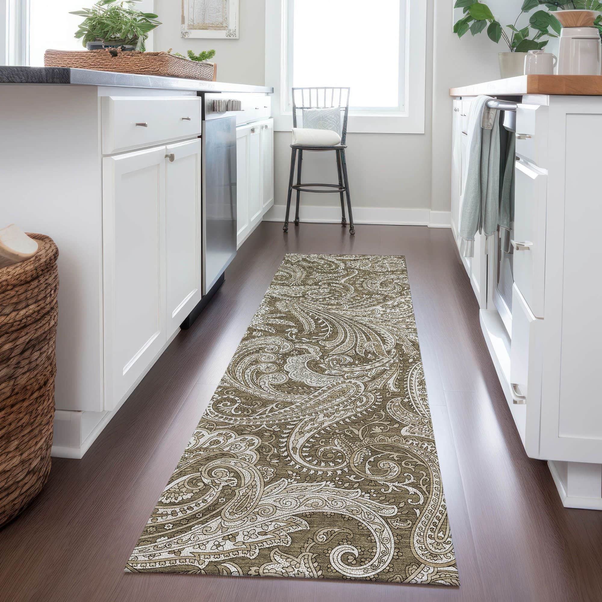 Machine Washable Chocolate Brown Rug - Indoor / Outdoor - Kids / Pet Friendly Paisley Print Rug