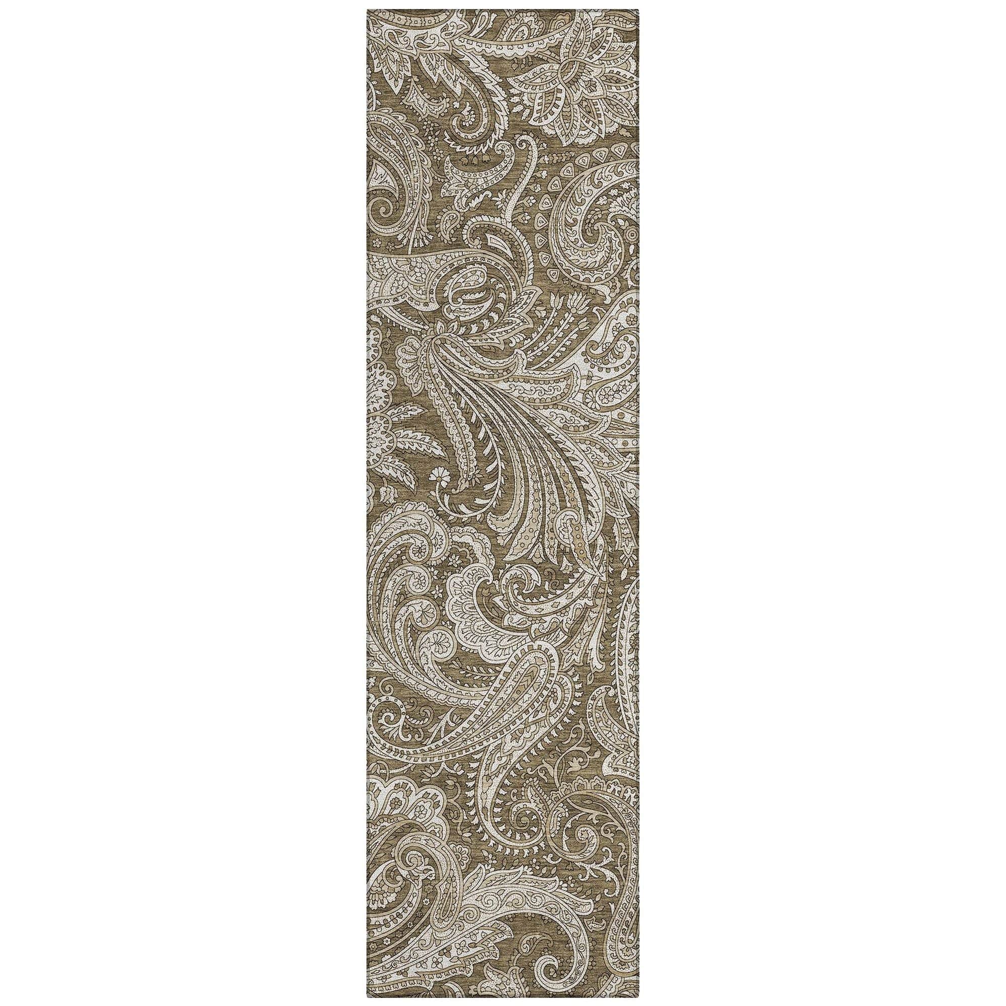 Machine Washable Chocolate Brown Rug - Indoor / Outdoor - Kids / Pet Friendly Paisley Print Rug