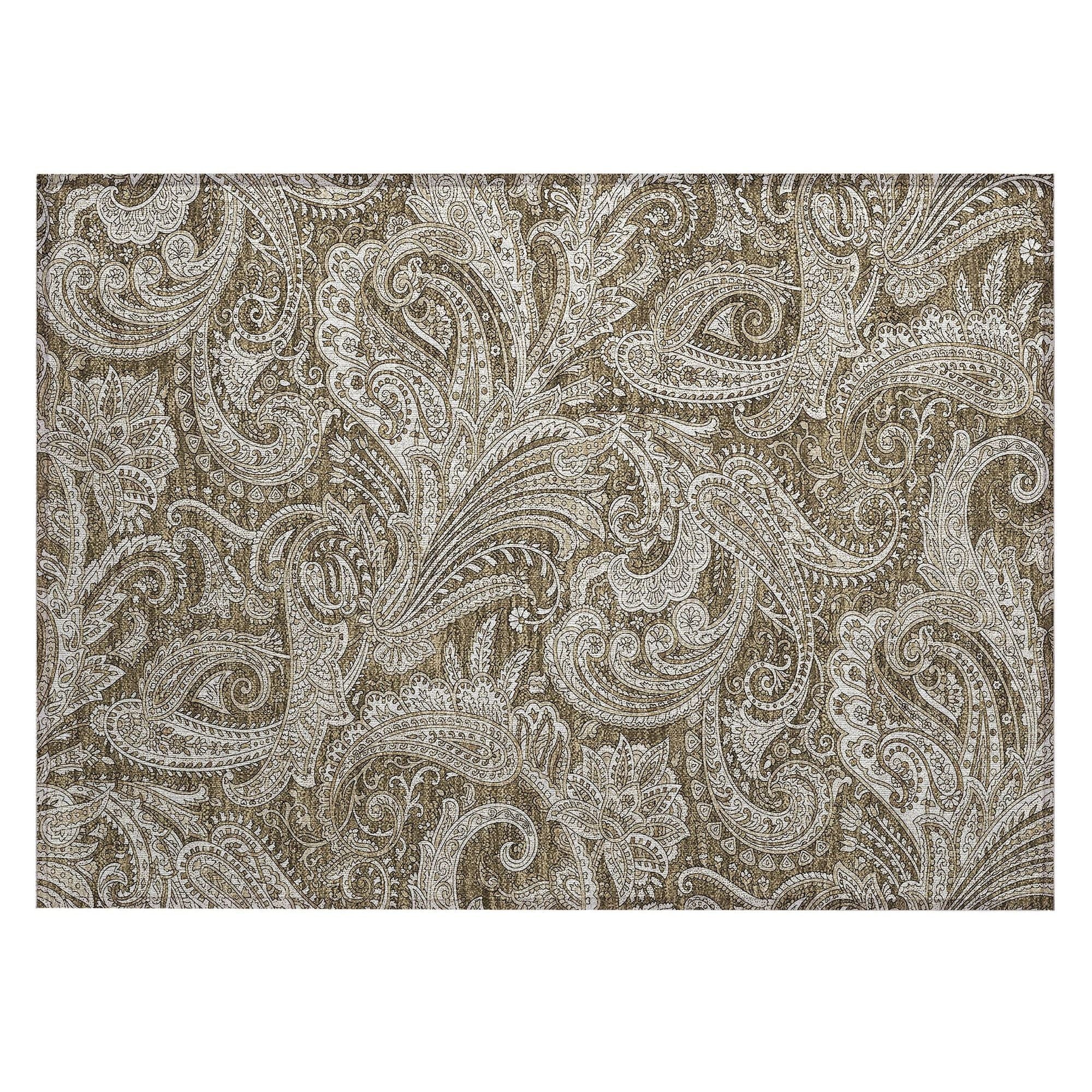 Machine Washable Chocolate Brown Rug - Indoor / Outdoor - Kids / Pet Friendly Paisley Print Rug