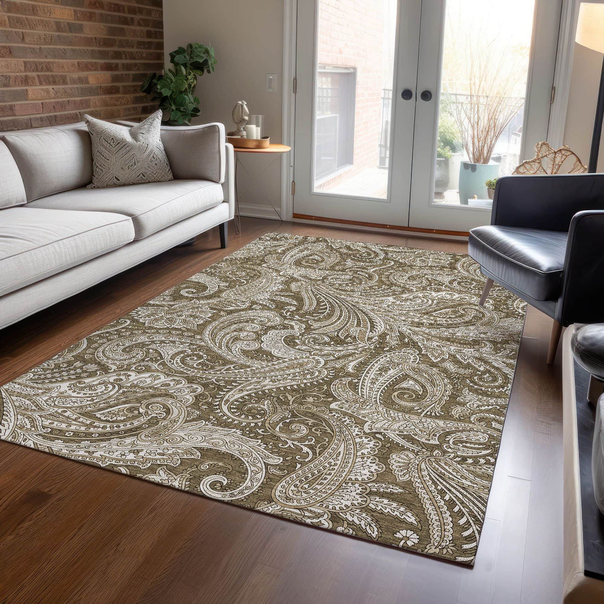 Machine Washable Chocolate Brown Rug - Indoor / Outdoor - Kids / Pet Friendly Paisley Print Rug