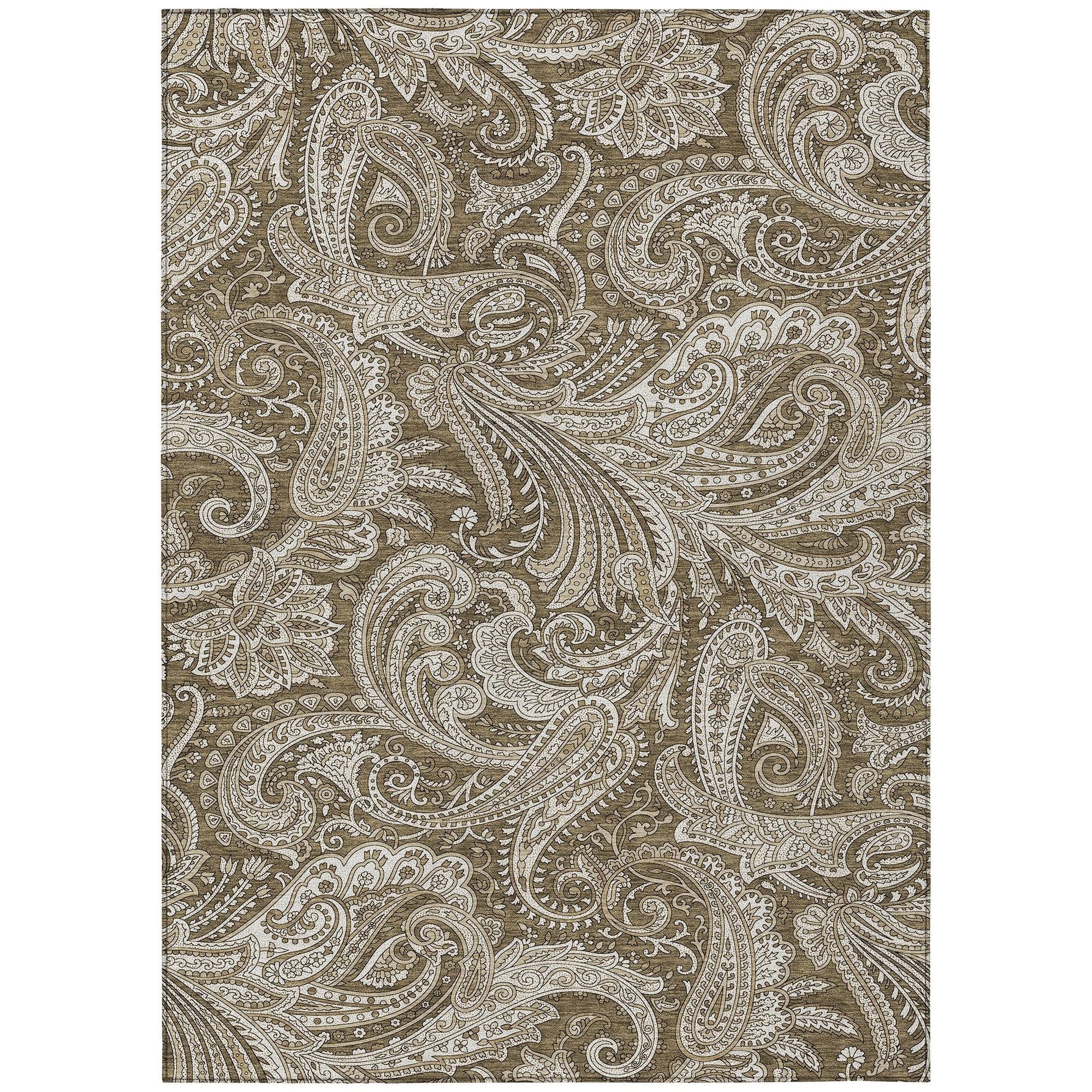 Machine Washable Chocolate Brown Rug - Indoor / Outdoor - Kids / Pet Friendly Paisley Print Rug