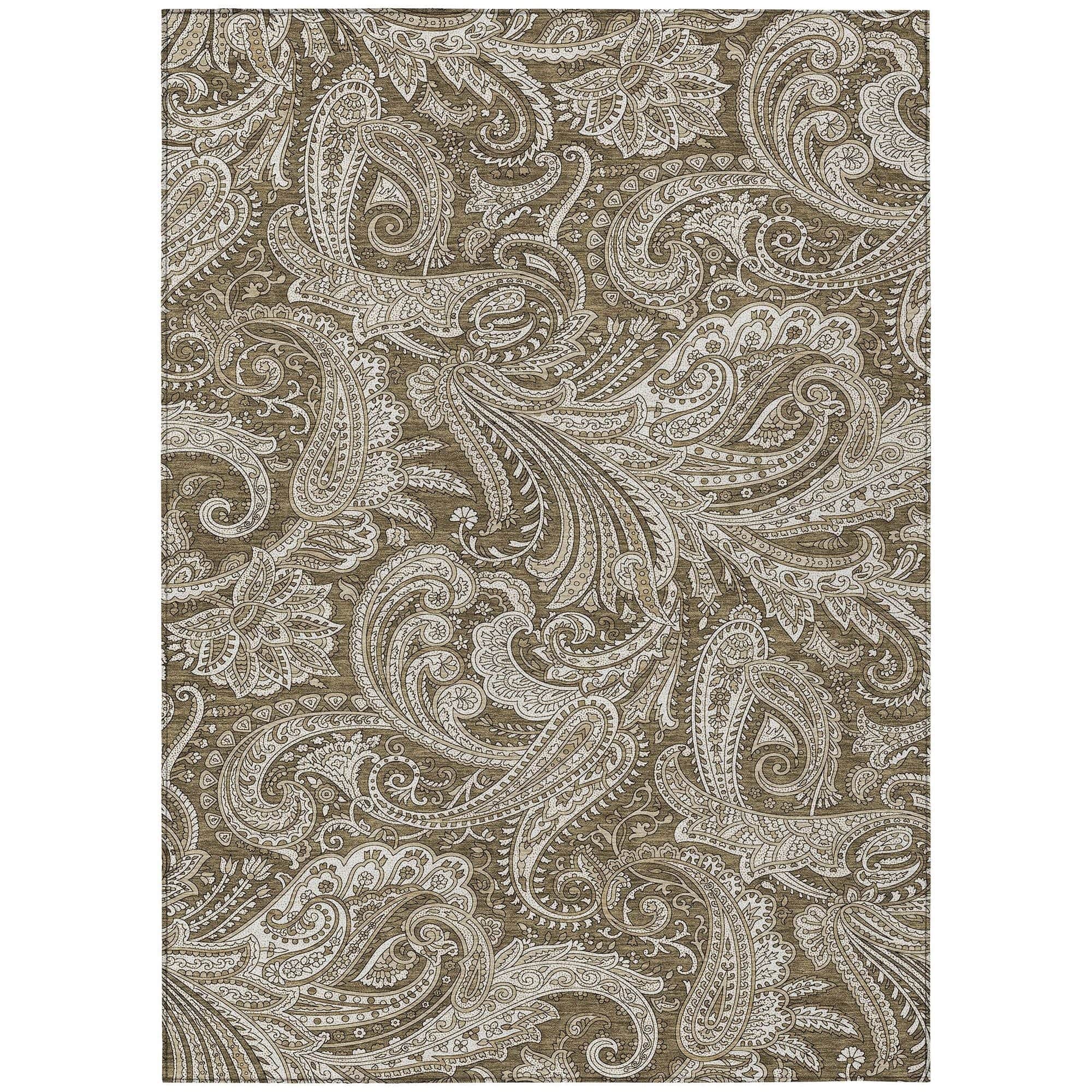 Machine Washable Chocolate Brown Rug - Indoor / Outdoor - Kids / Pet Friendly Paisley Print Rug