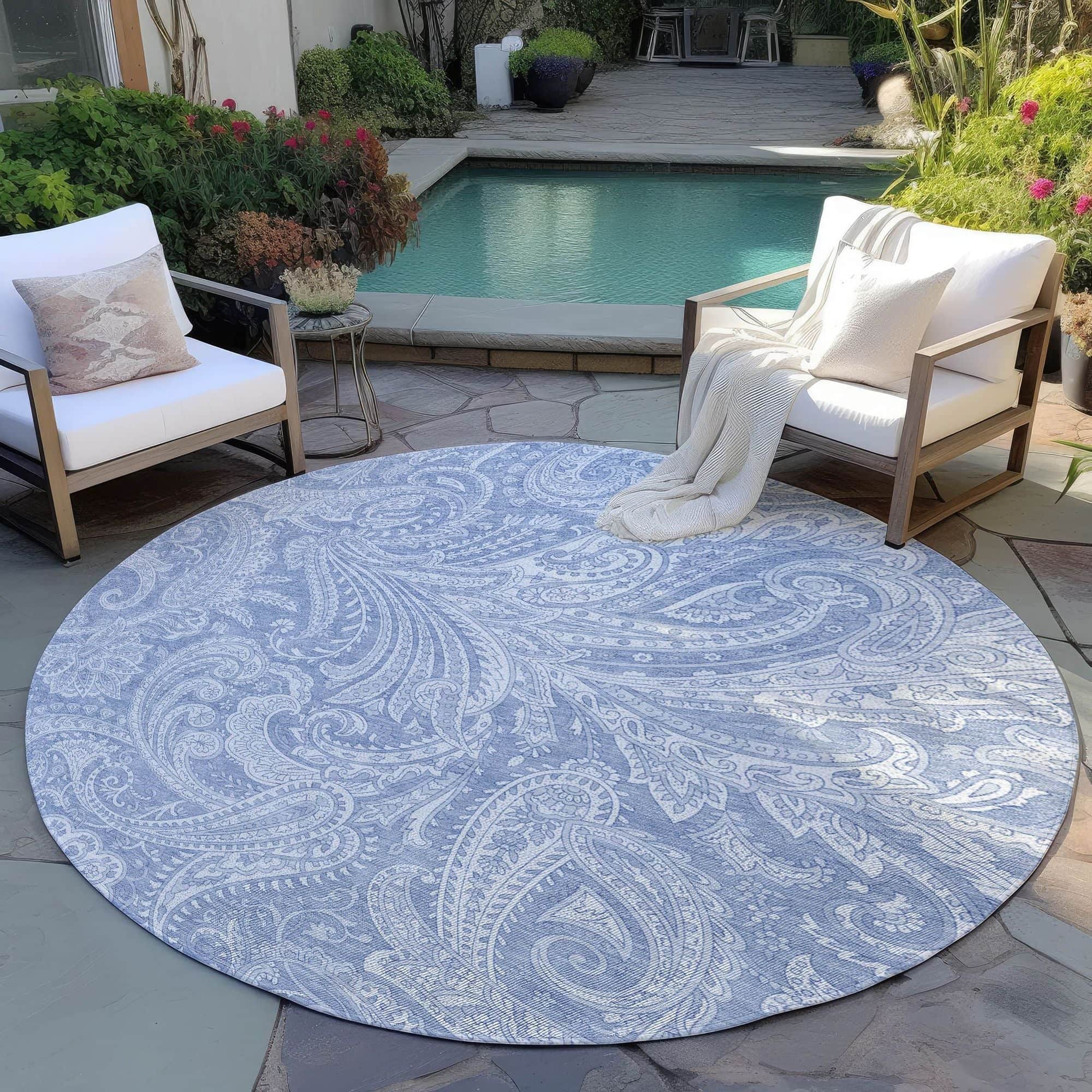 Machine Washable Denim Blue Rug - Indoor / Outdoor - Kids / Pet Friendly Paisley Print Rug