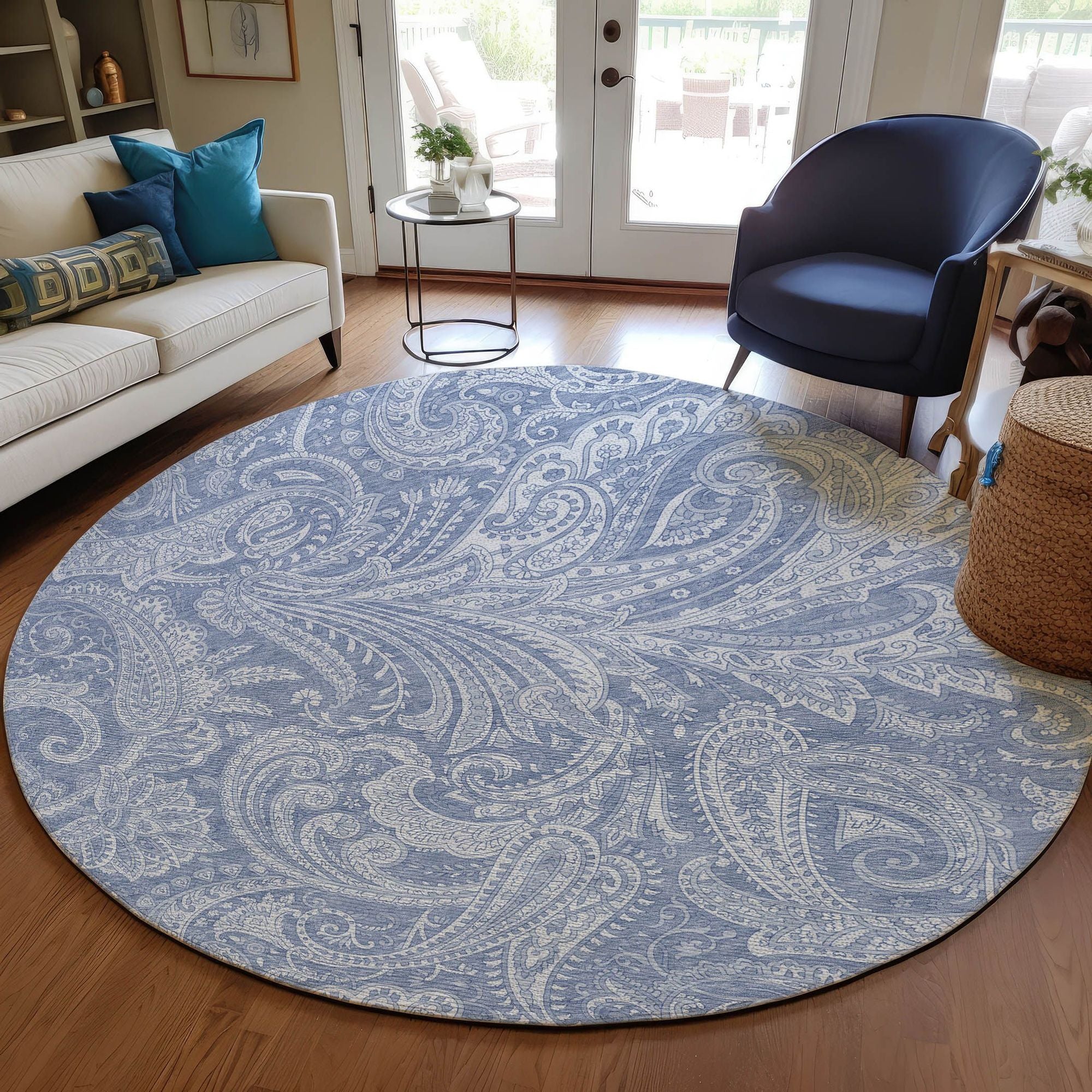 Machine Washable Denim Blue Rug - Indoor / Outdoor - Kids / Pet Friendly Paisley Print Rug