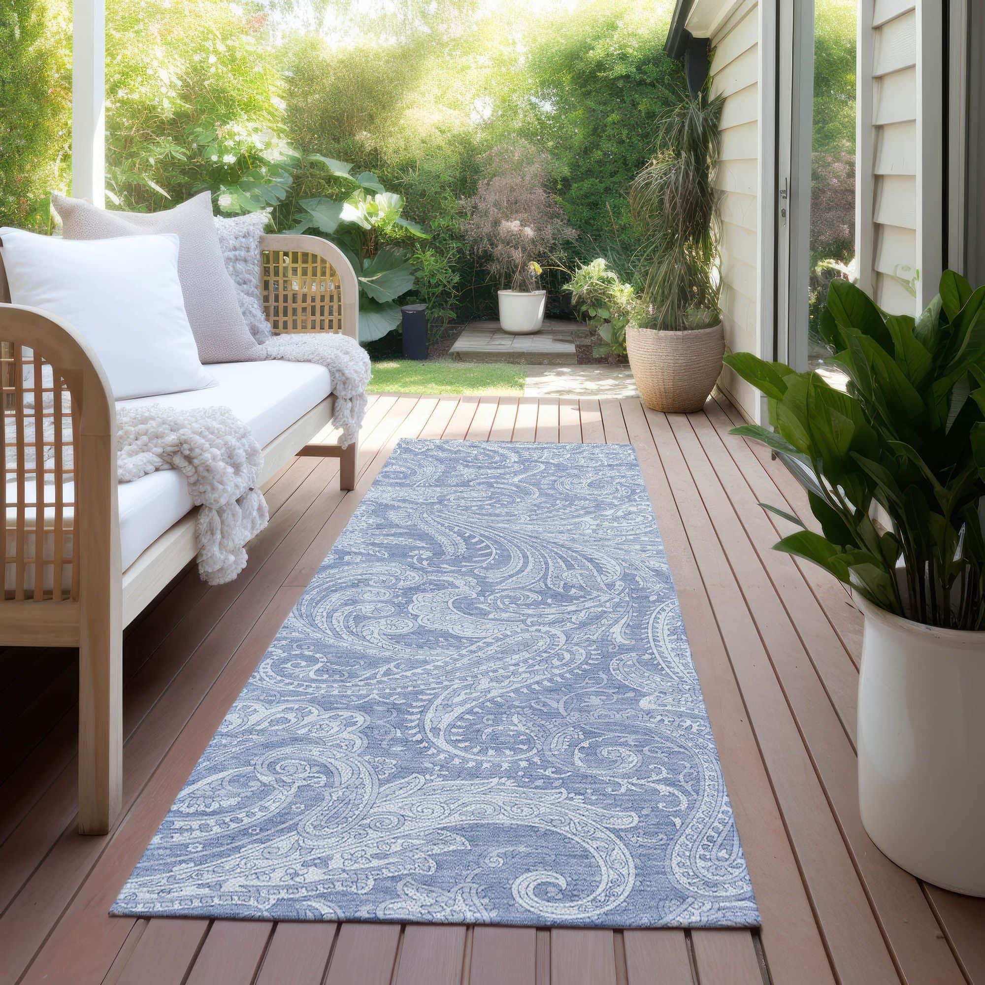 Machine Washable Denim Blue Rug - Indoor / Outdoor - Kids / Pet Friendly Paisley Print Rug