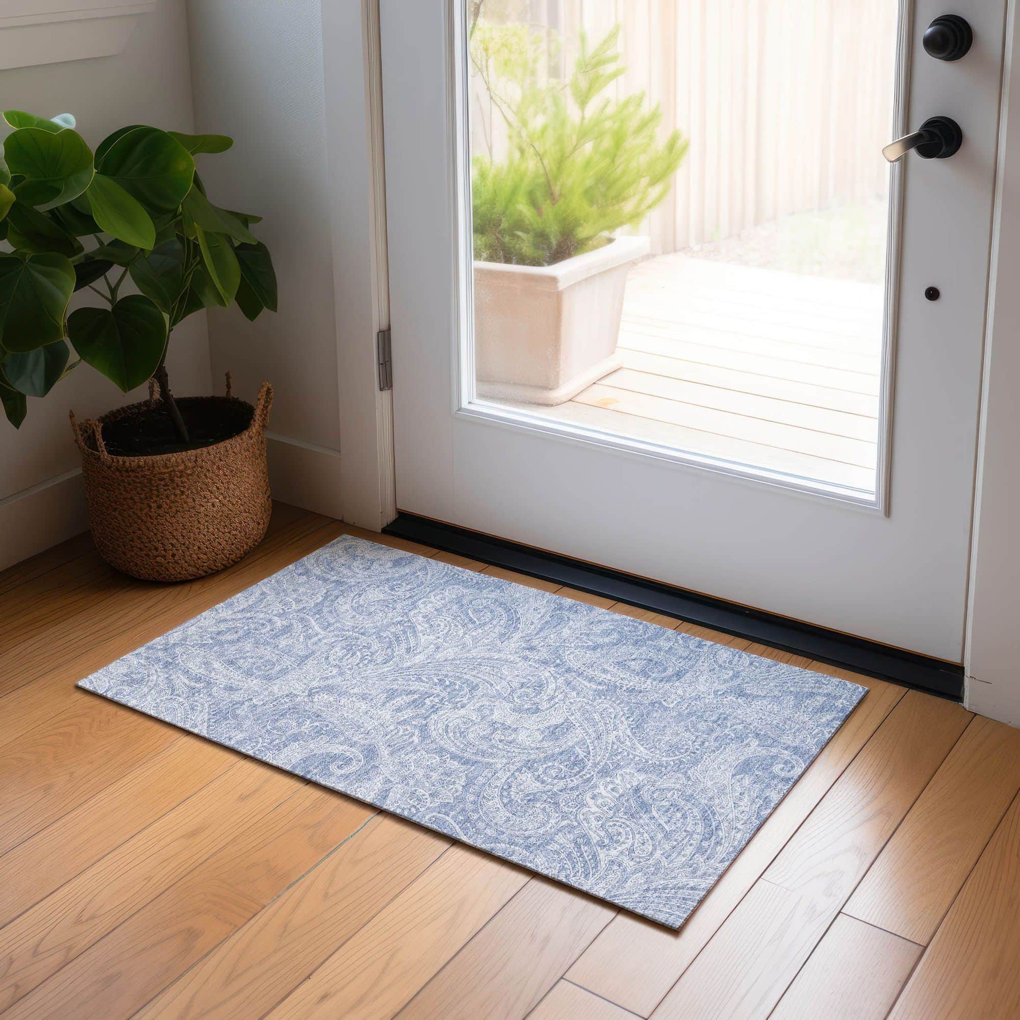 Machine Washable Denim Blue Rug - Indoor / Outdoor - Kids / Pet Friendly Paisley Print Rug