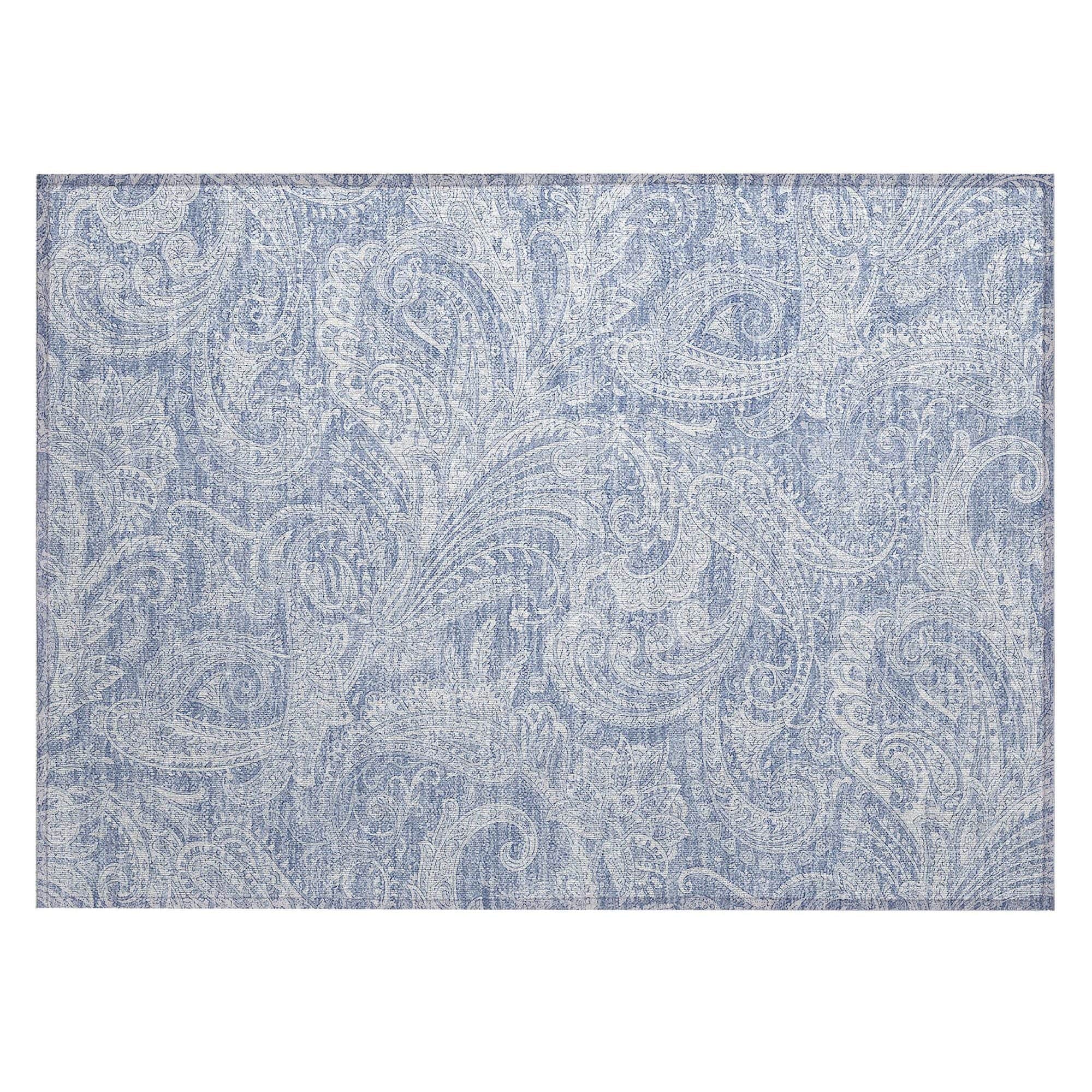 Machine Washable Denim Blue Rug - Indoor / Outdoor - Kids / Pet Friendly Paisley Print Rug