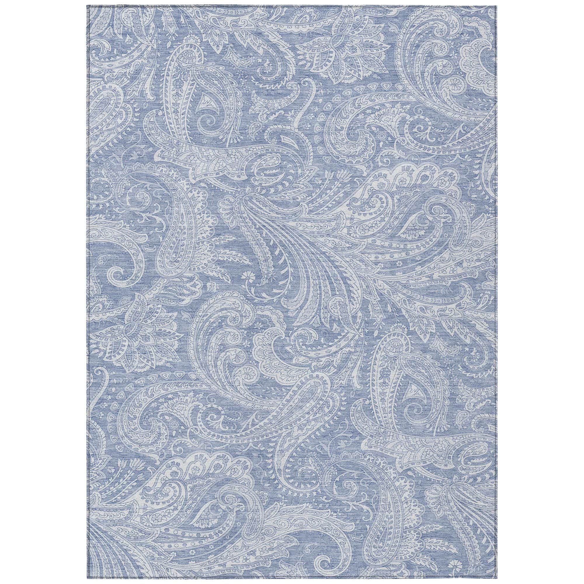 Machine Washable Denim Blue Rug - Indoor / Outdoor - Kids / Pet Friendly Paisley Print Rug