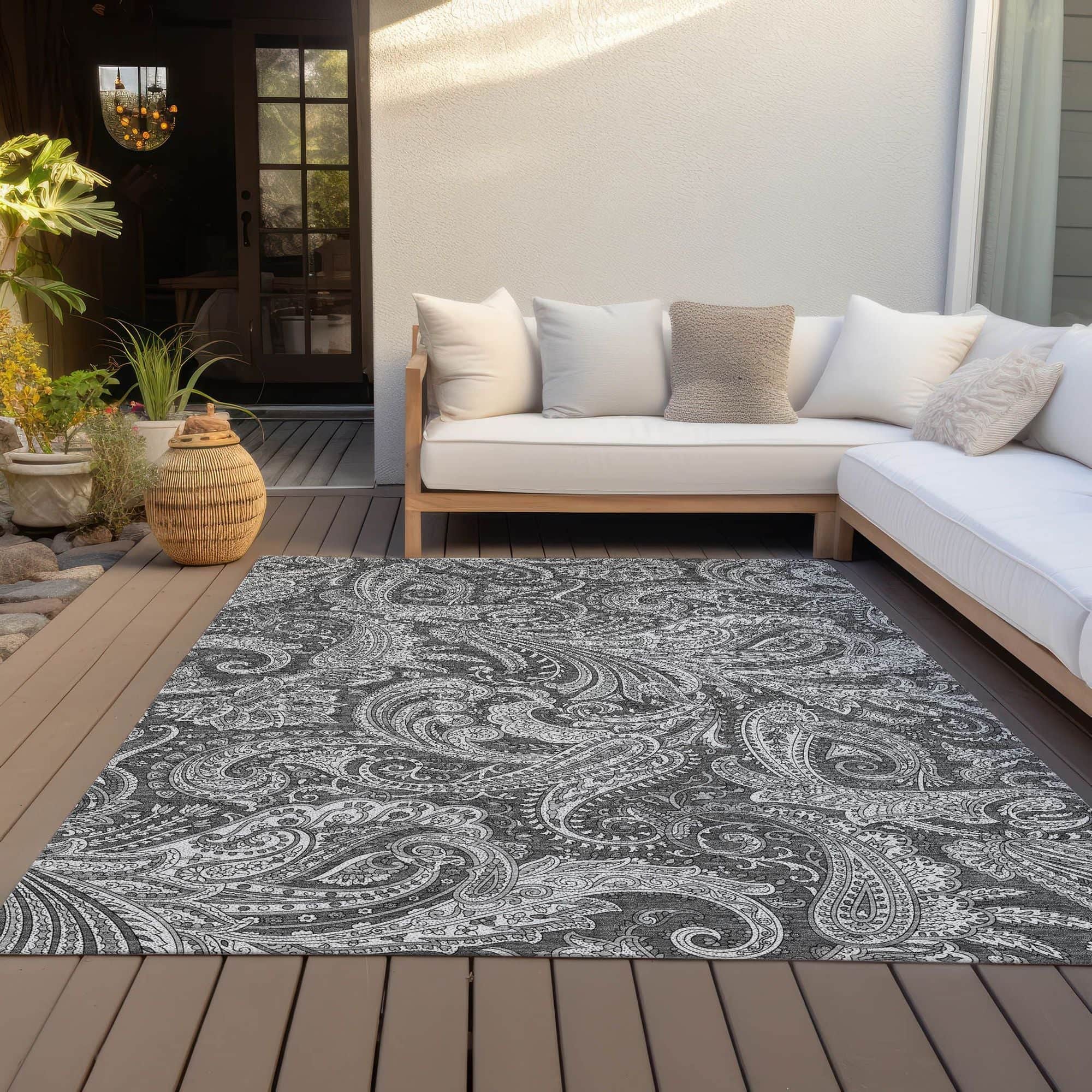 Machine Washable Gray Rug - Indoor / Outdoor - Kids / Pet Friendly Paisley Print Rug