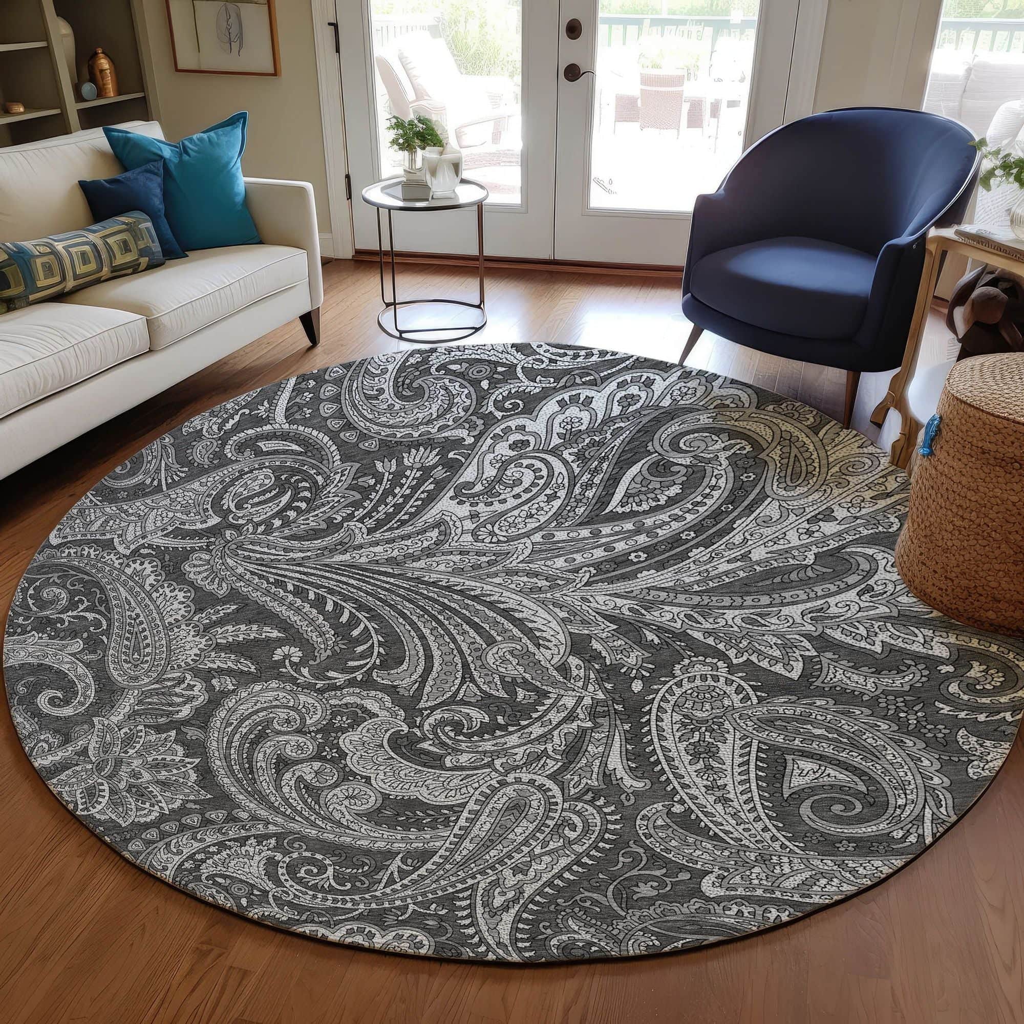 Machine Washable Gray Rug - Indoor / Outdoor - Kids / Pet Friendly Paisley Print Rug