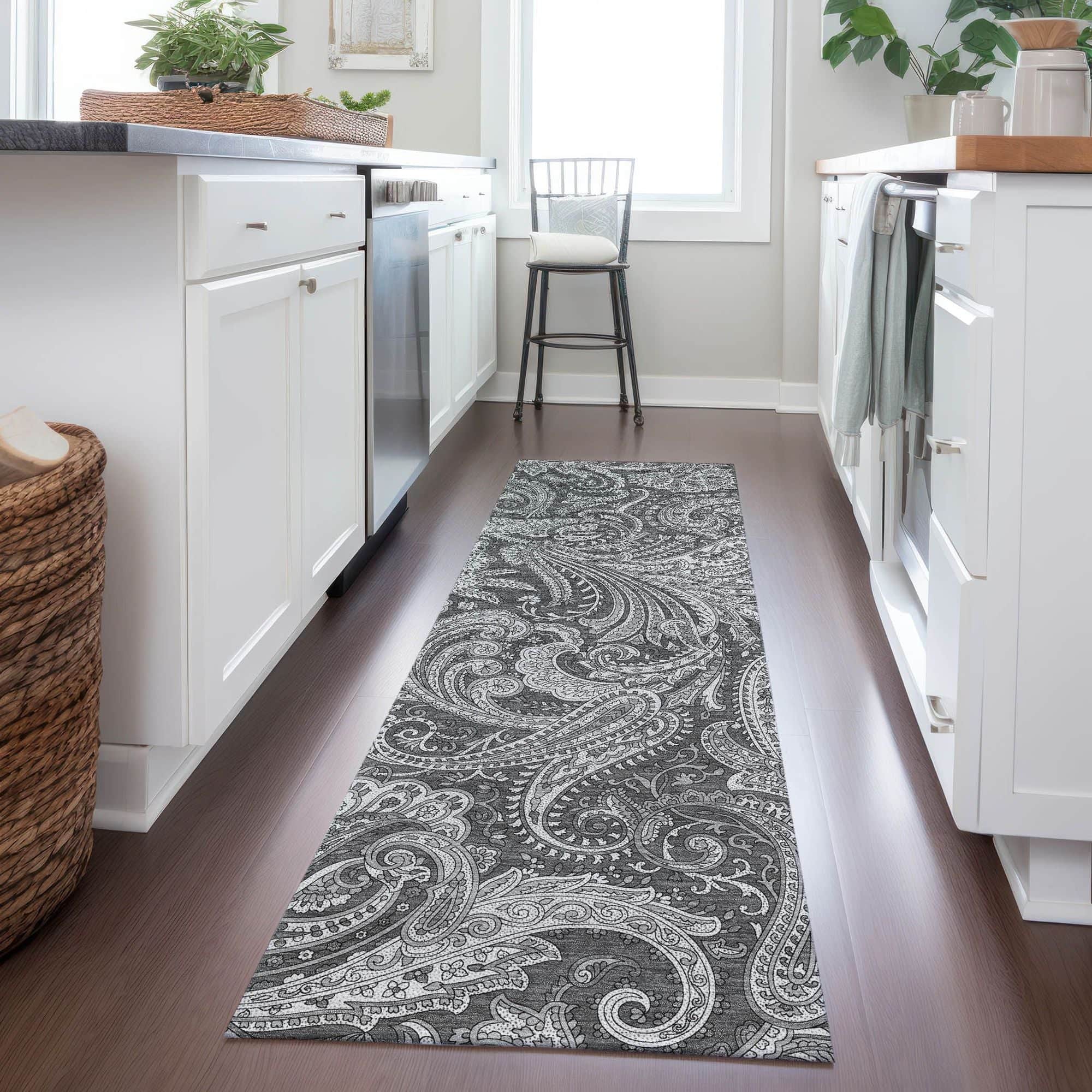 Machine Washable Gray Rug - Indoor / Outdoor - Kids / Pet Friendly Paisley Print Rug