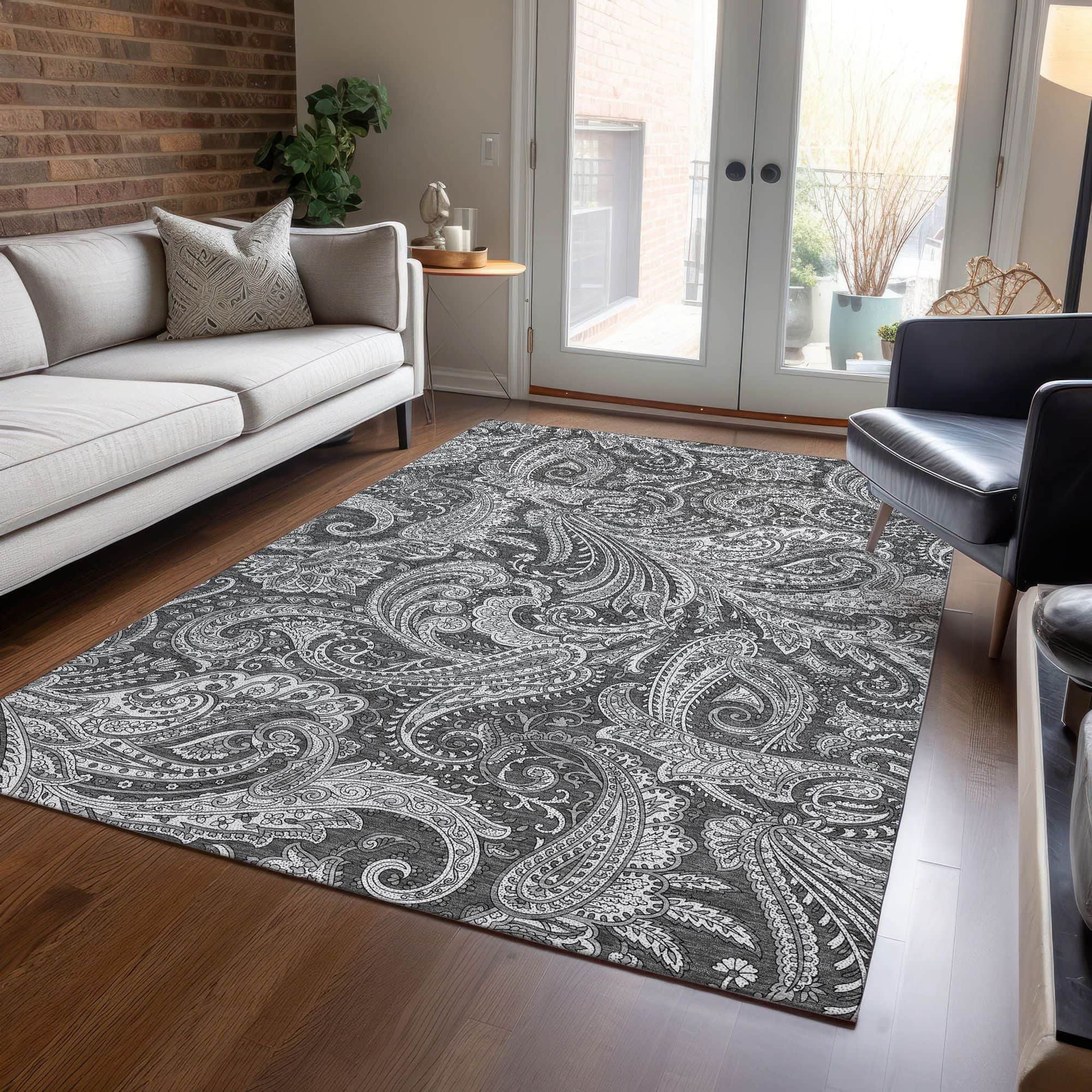 Machine Washable Gray Rug - Indoor / Outdoor - Kids / Pet Friendly Paisley Print Rug