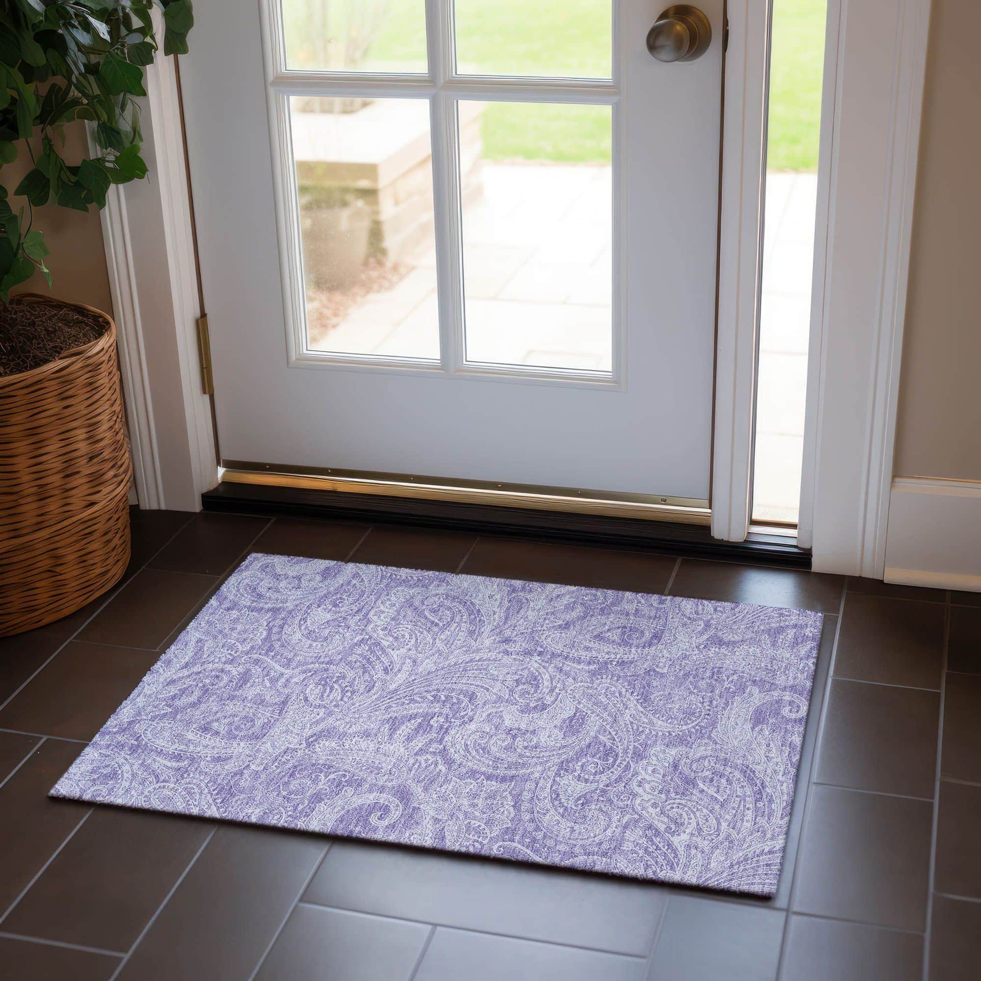 Machine Washable Lavender Purple Rug - Indoor / Outdoor - Kids / Pet Friendly Paisley Print Rug