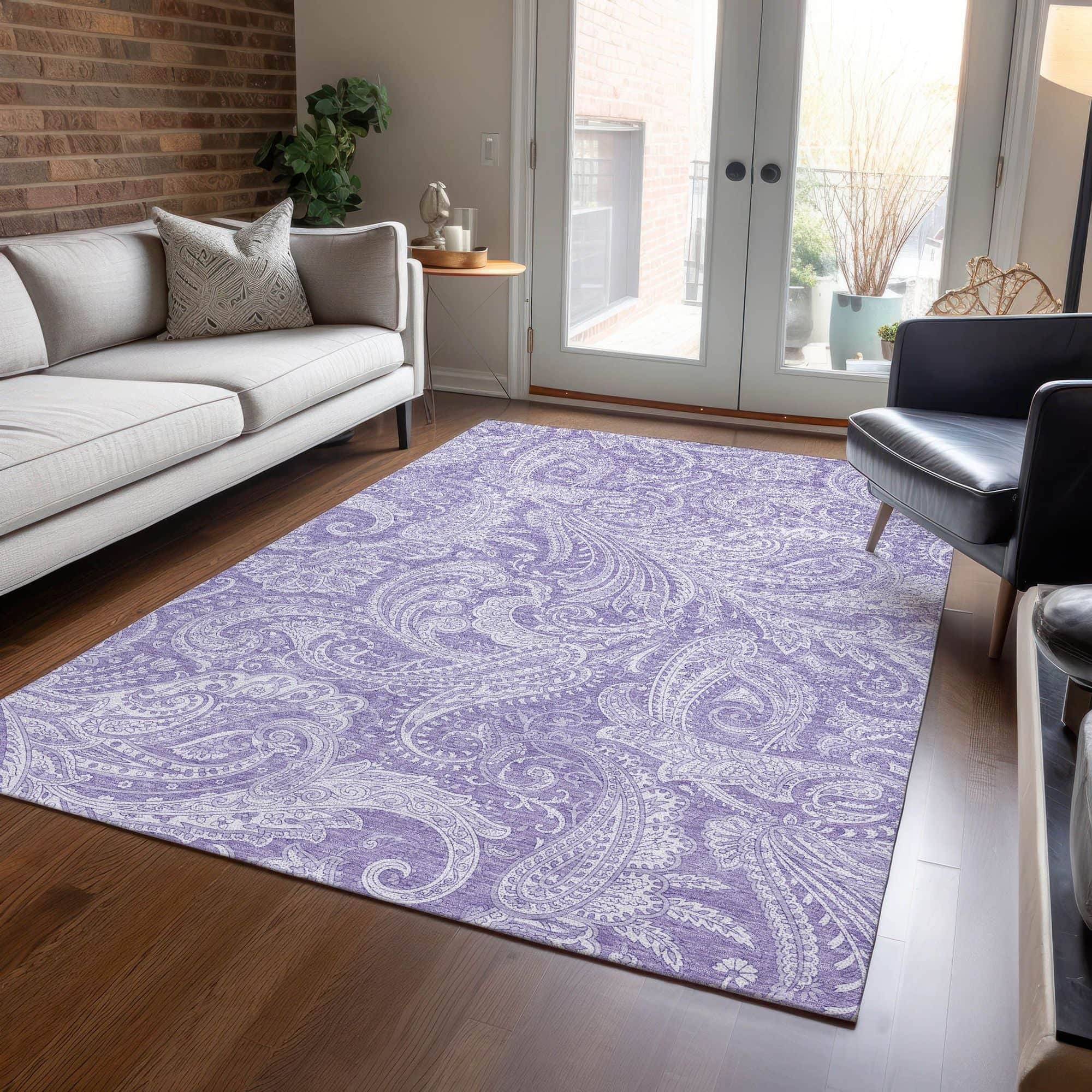 Machine Washable Lavender Purple Rug - Indoor / Outdoor - Kids / Pet Friendly Paisley Print Rug