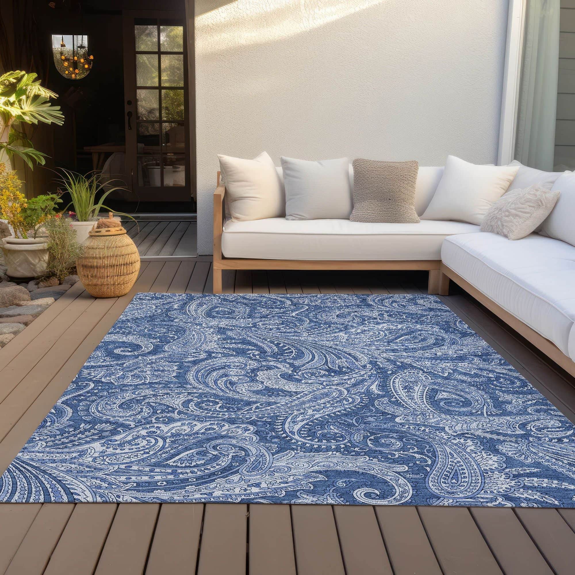 Machine Washable Navy Blue Rug - Indoor / Outdoor - Kids / Pet Friendly Paisley Print Rug