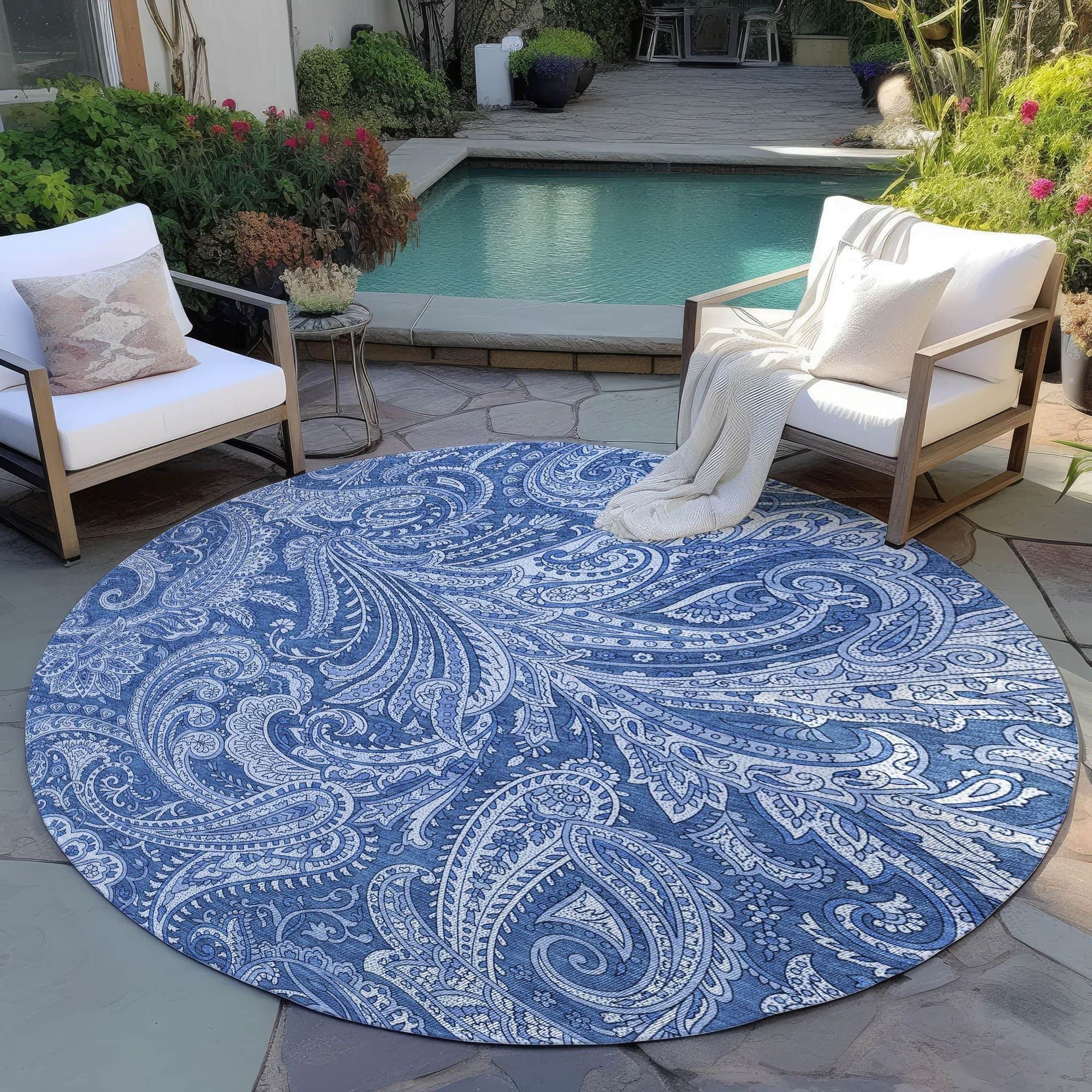 Machine Washable Navy Blue Rug - Indoor / Outdoor - Kids / Pet Friendly Paisley Print Rug