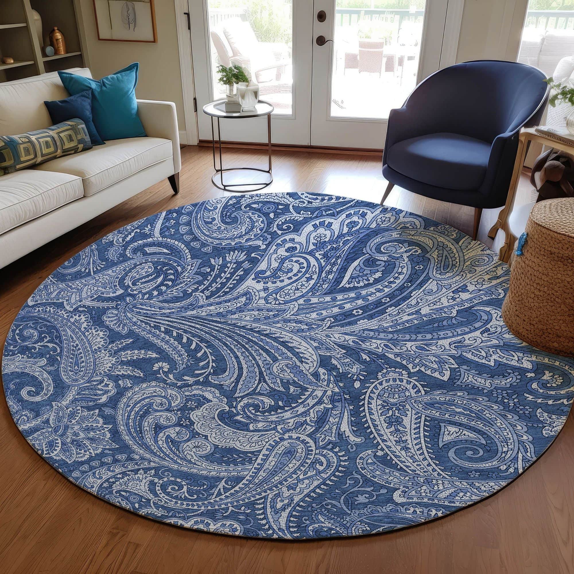 Machine Washable Navy Blue Rug - Indoor / Outdoor - Kids / Pet Friendly Paisley Print Rug