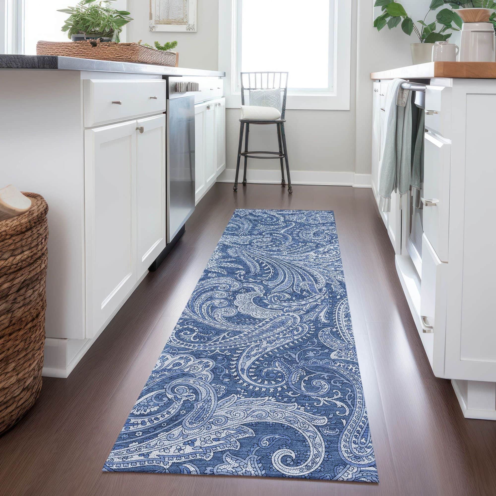 Machine Washable Navy Blue Rug - Indoor / Outdoor - Kids / Pet Friendly Paisley Print Rug