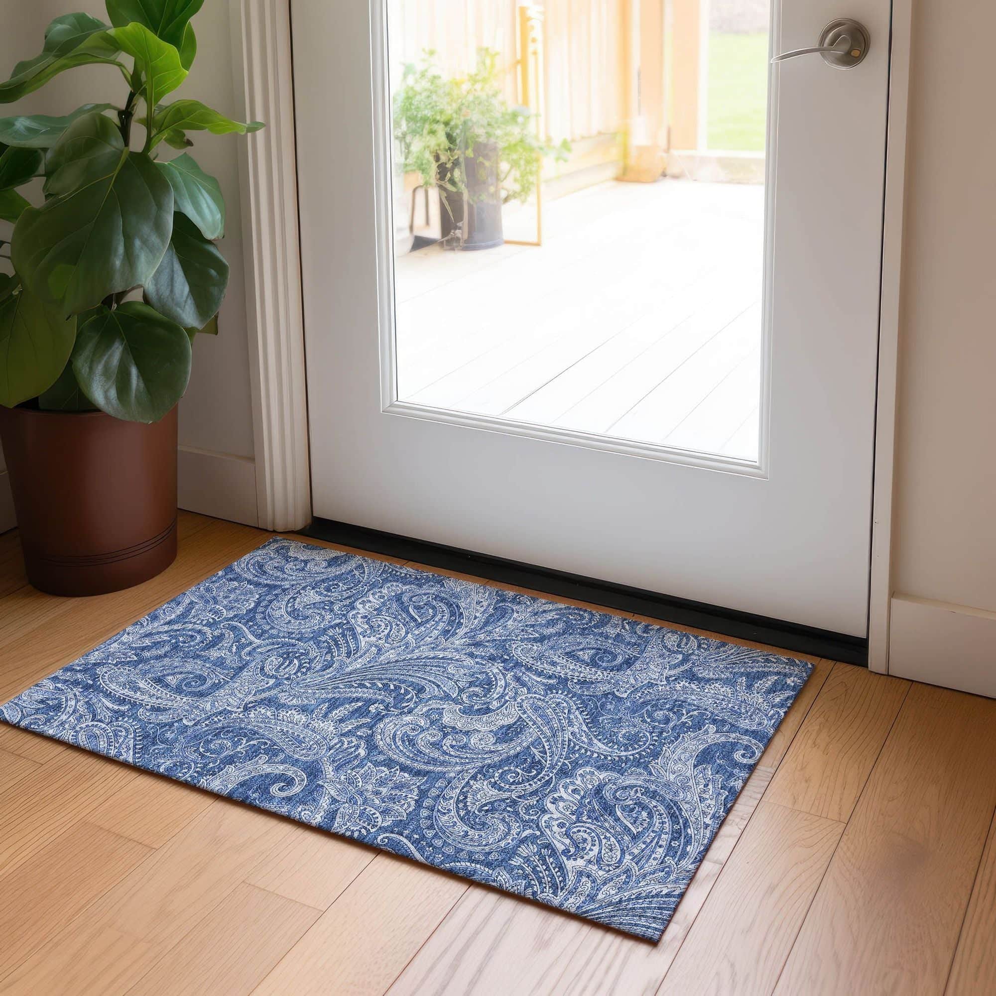 Machine Washable Navy Blue Rug - Indoor / Outdoor - Kids / Pet Friendly Paisley Print Rug