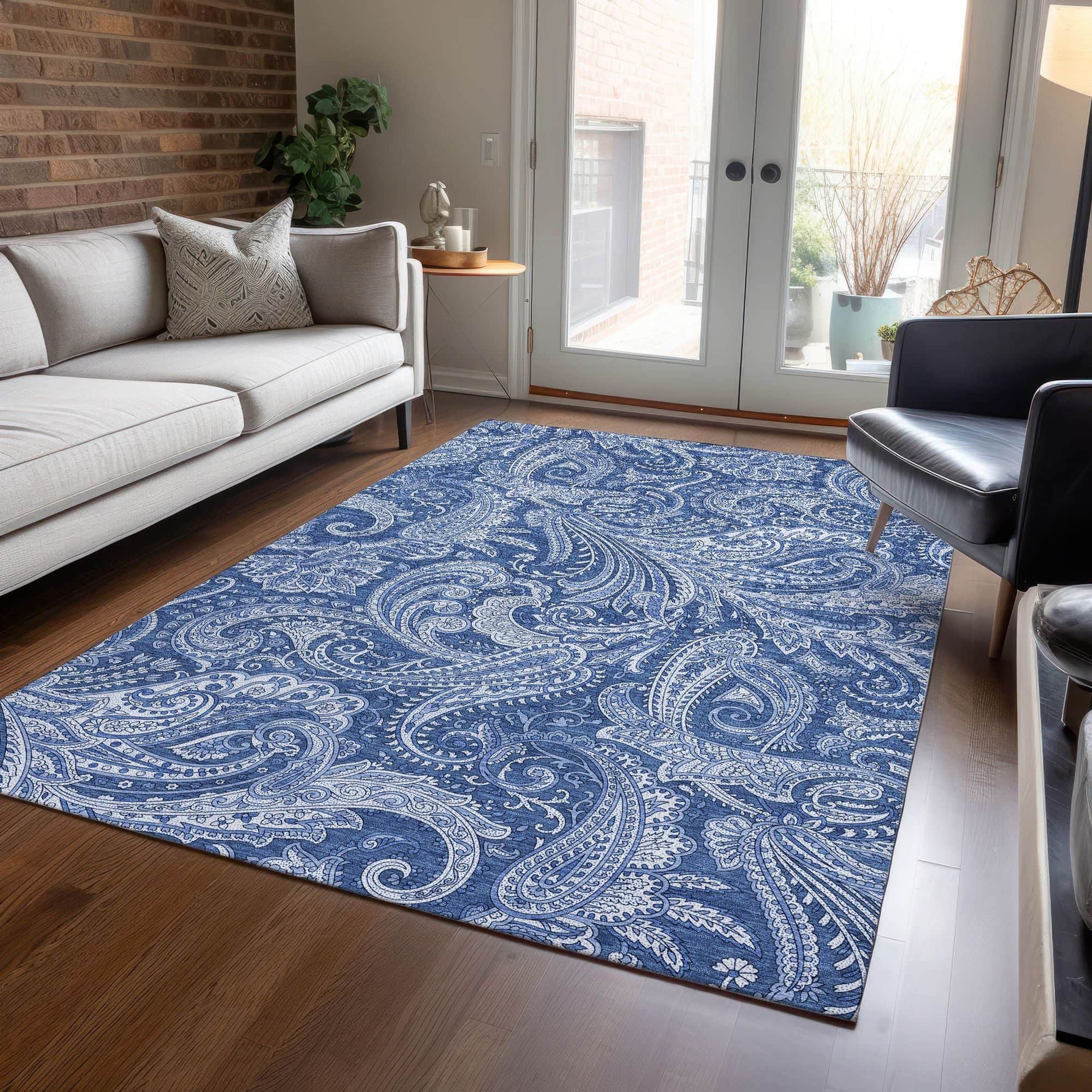 Machine Washable Navy Blue Rug - Indoor / Outdoor - Kids / Pet Friendly Paisley Print Rug