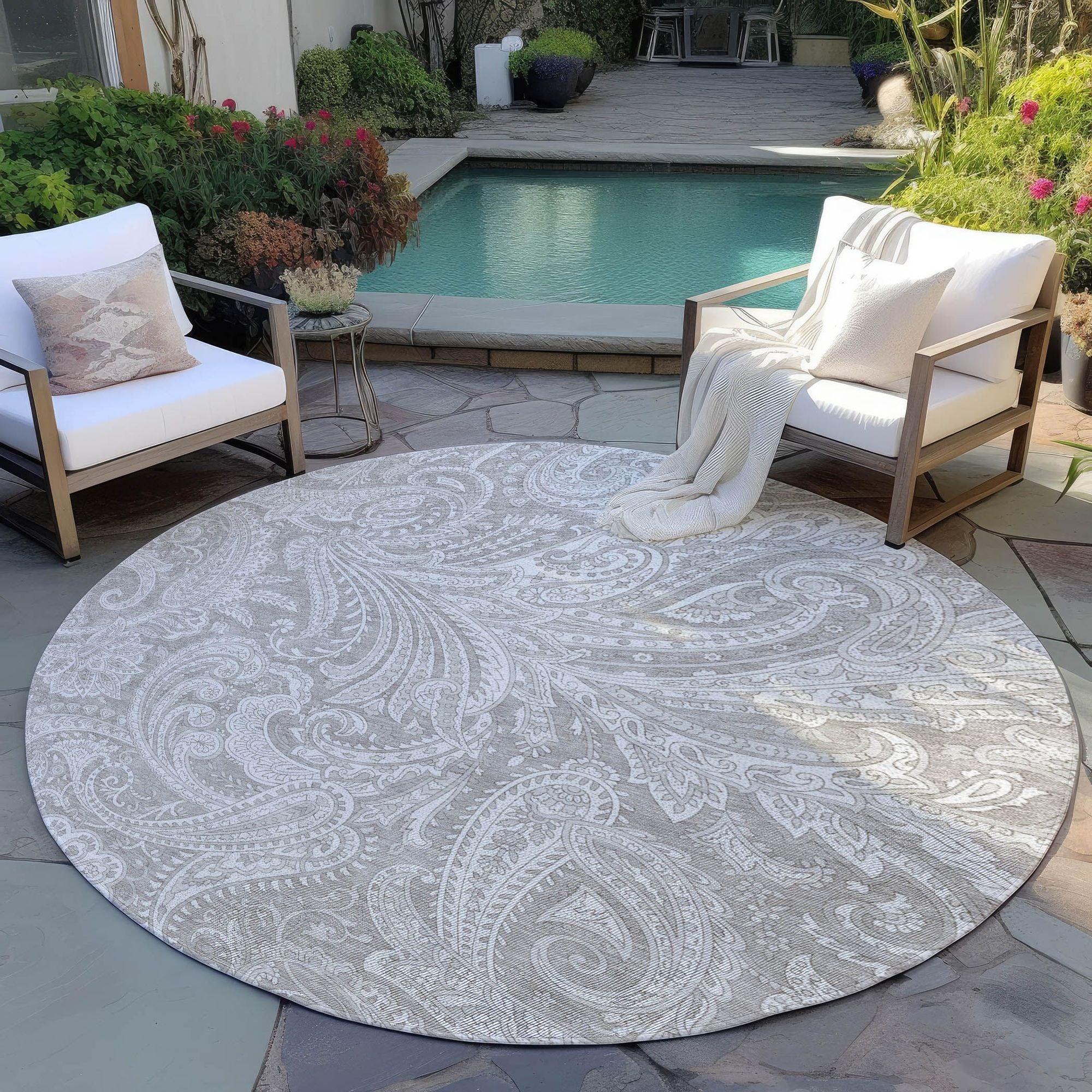 Machine Washable Taupe Brown Rug - Indoor / Outdoor - Kids / Pet Friendly Paisley Print Rug