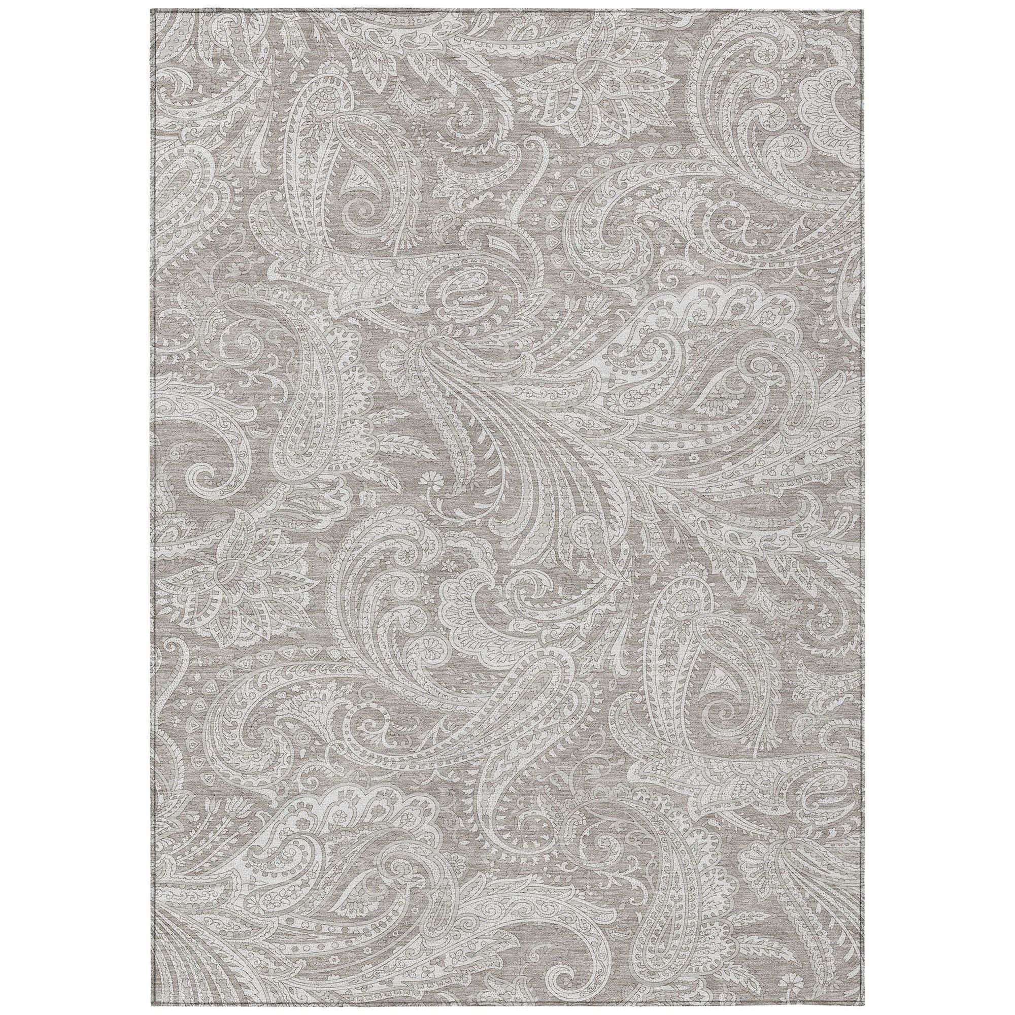 Machine Washable Taupe Brown Rug - Indoor / Outdoor - Kids / Pet Friendly Paisley Print Rug