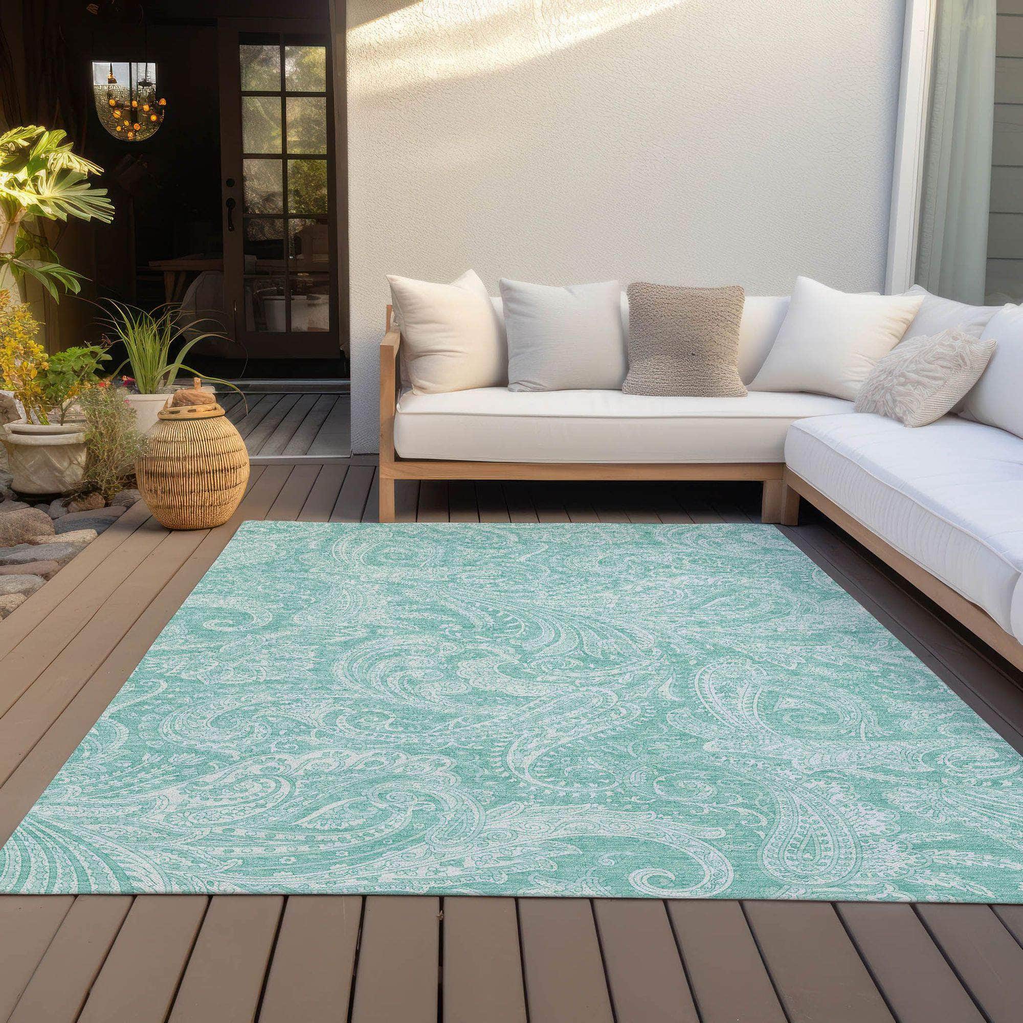 Machine Washable Teal Rug - Indoor / Outdoor - Kids / Pet Friendly Paisley Print Rug