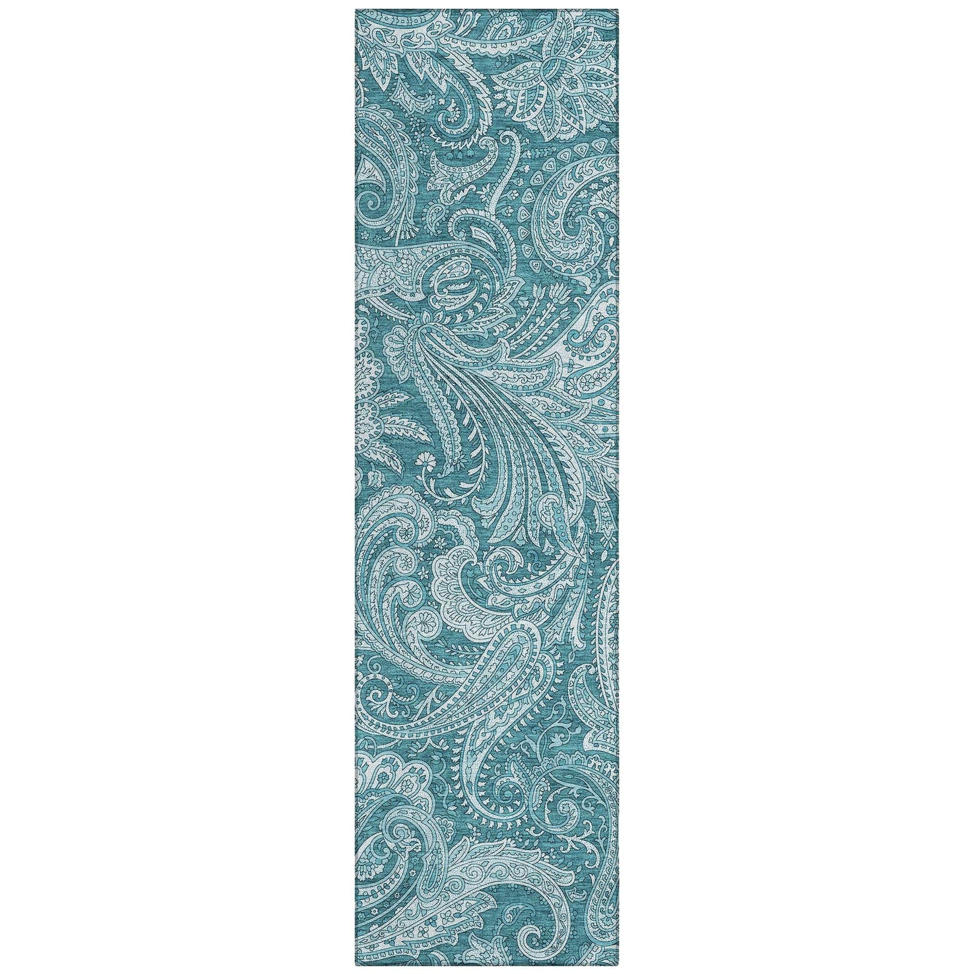 Machine Washable Turquoise Teal Rug - Indoor / Outdoor - Kids / Pet Friendly Paisley Print Rug