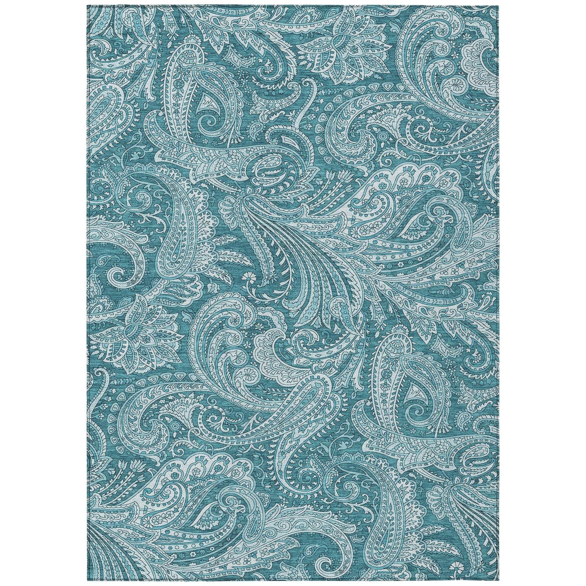 Machine Washable Turquoise Teal Rug - Indoor / Outdoor - Kids / Pet Friendly Paisley Print Rug