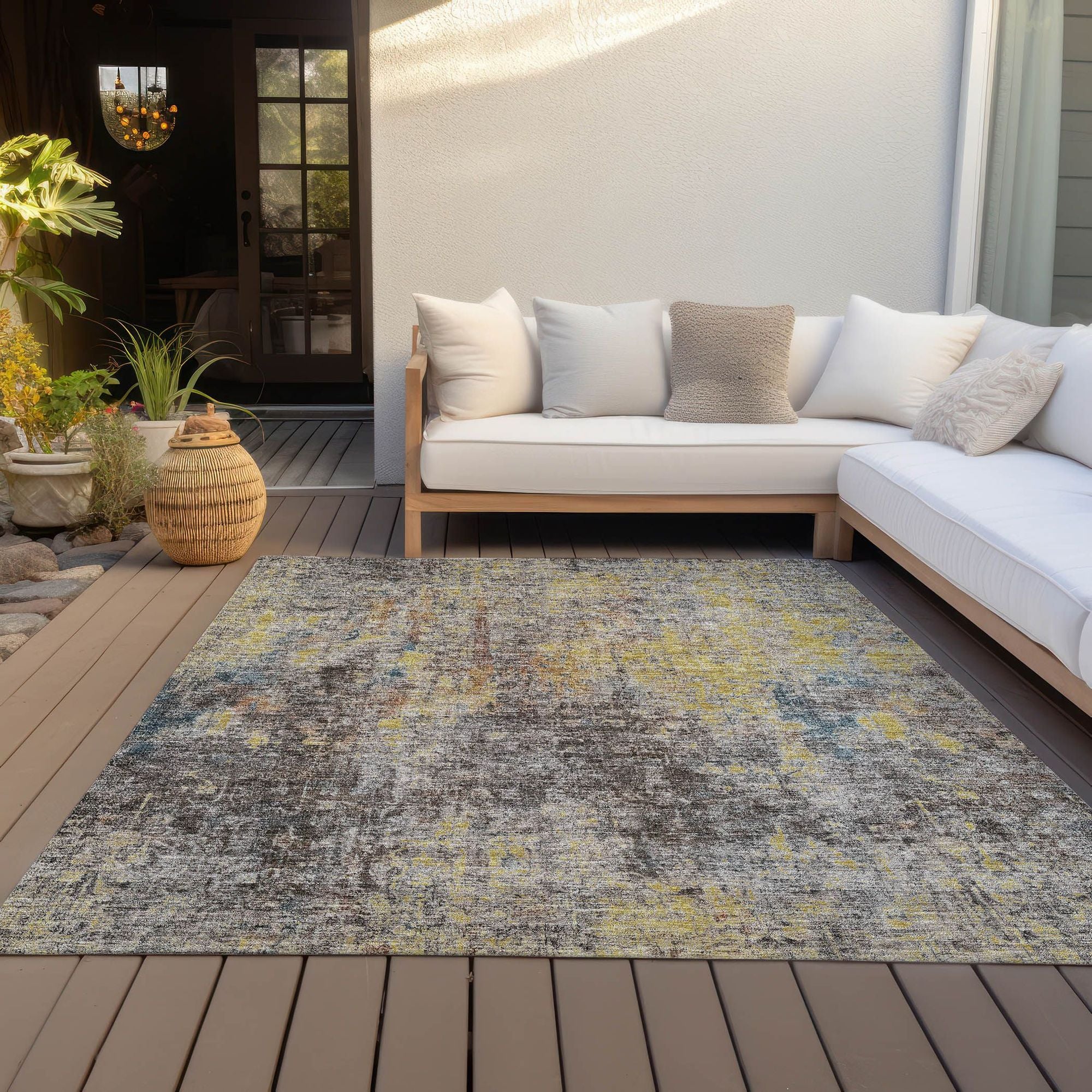 Machine Washable Mocha Brown Rug - Indoor / Outdoor - Kids / Pet Friendly Abstract Print Rug