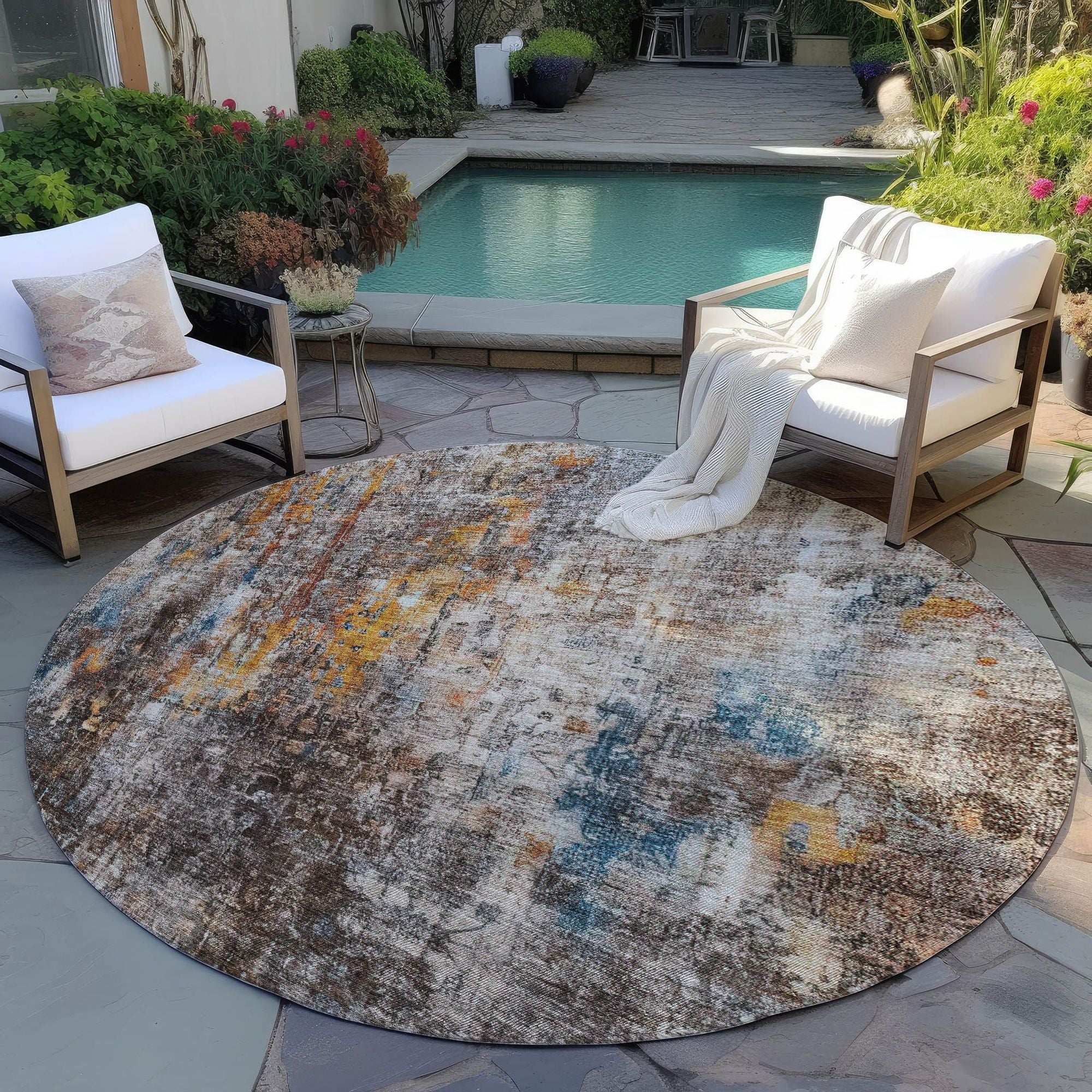 Machine Washable Taupe Brown Rug - Indoor / Outdoor - Kids / Pet Friendly Abstract Print Rug