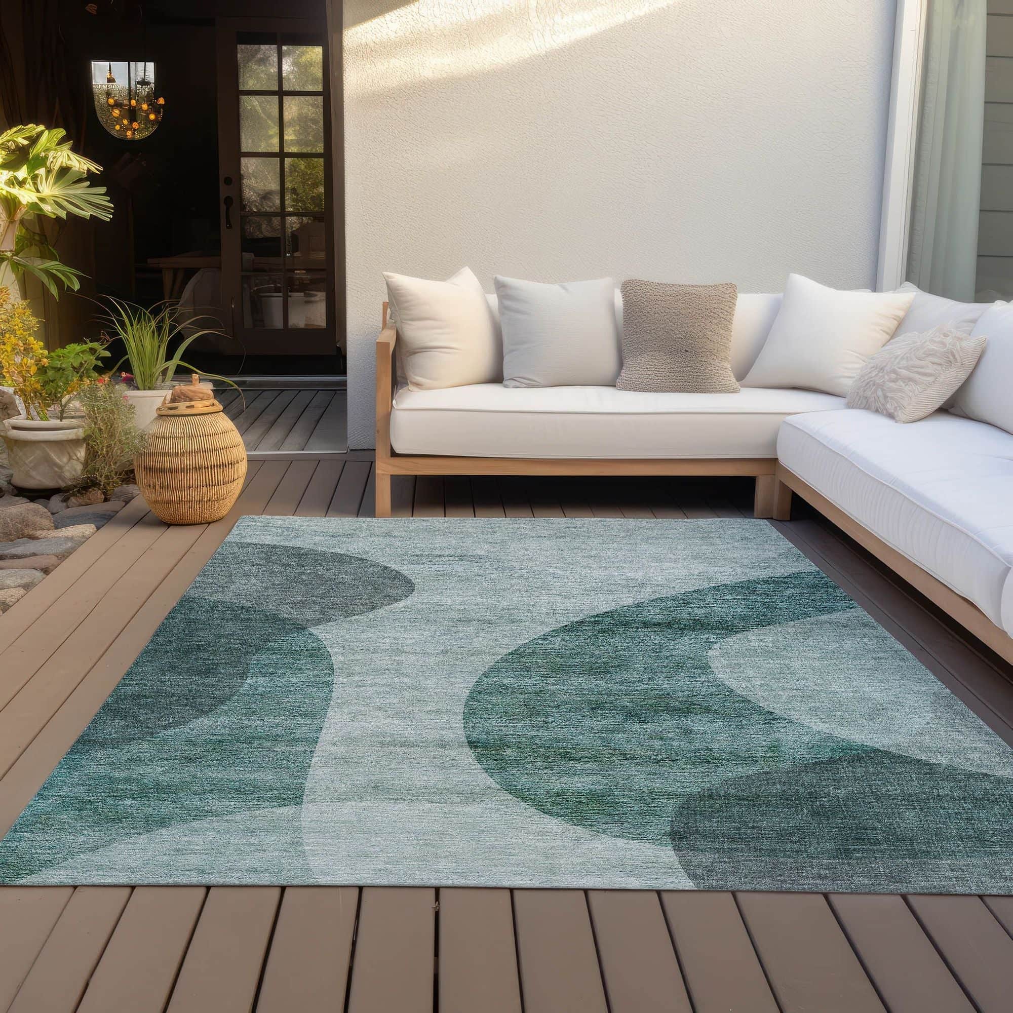 Machine Washable Green Rug - Indoor / Outdoor - Kids / Pet Friendly Art Deco Print Rug