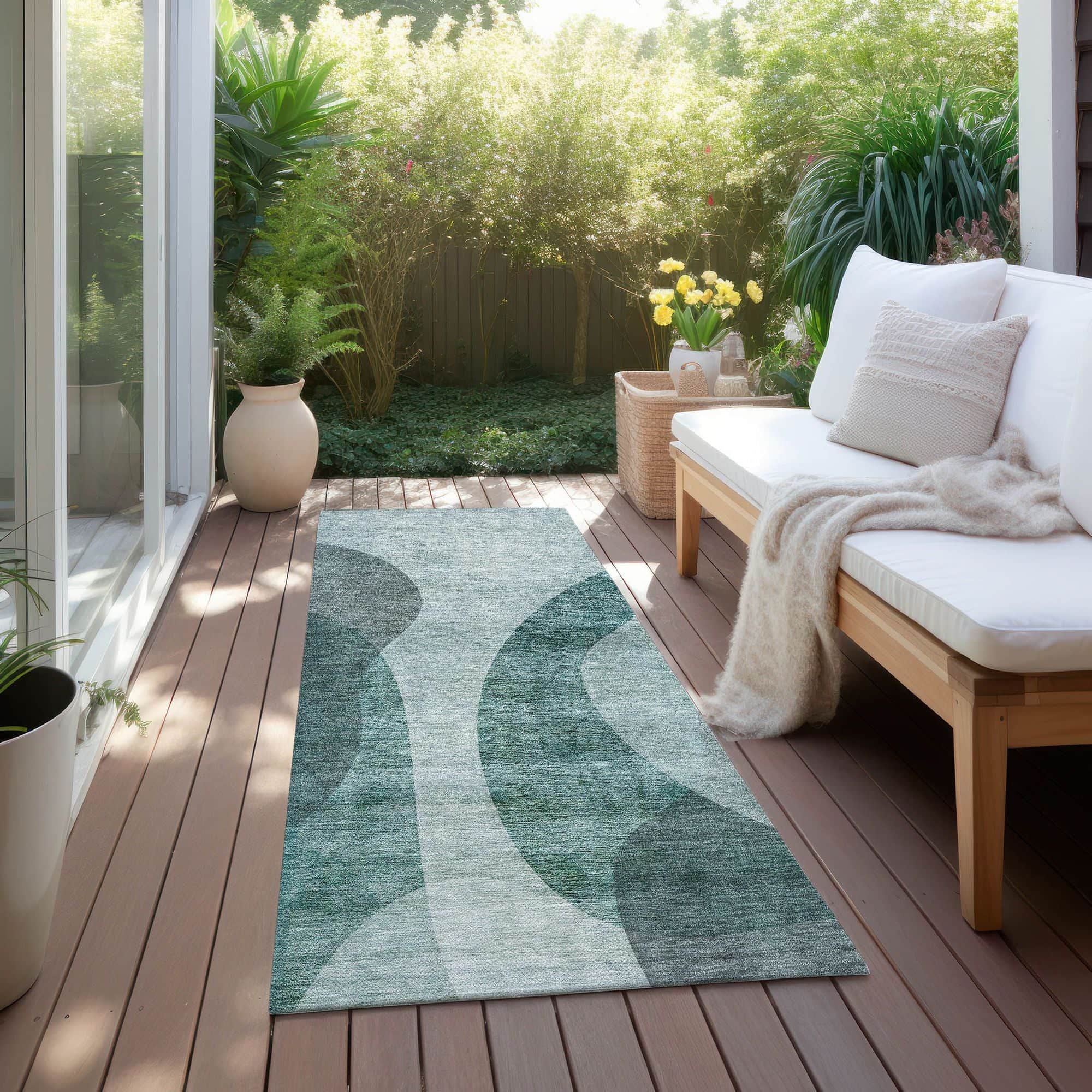 Machine Washable Green Rug - Indoor / Outdoor - Kids / Pet Friendly Art Deco Print Rug