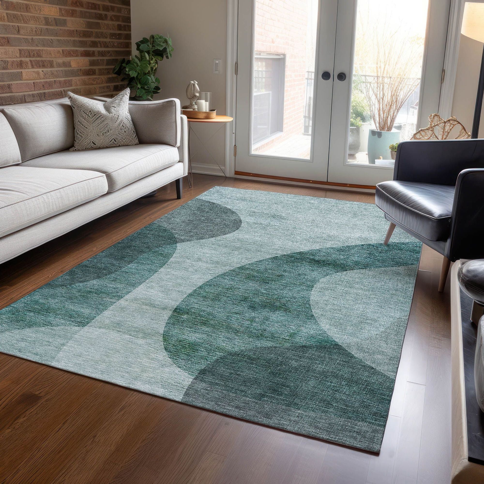 Machine Washable Green Rug - Indoor / Outdoor - Kids / Pet Friendly Art Deco Print Rug