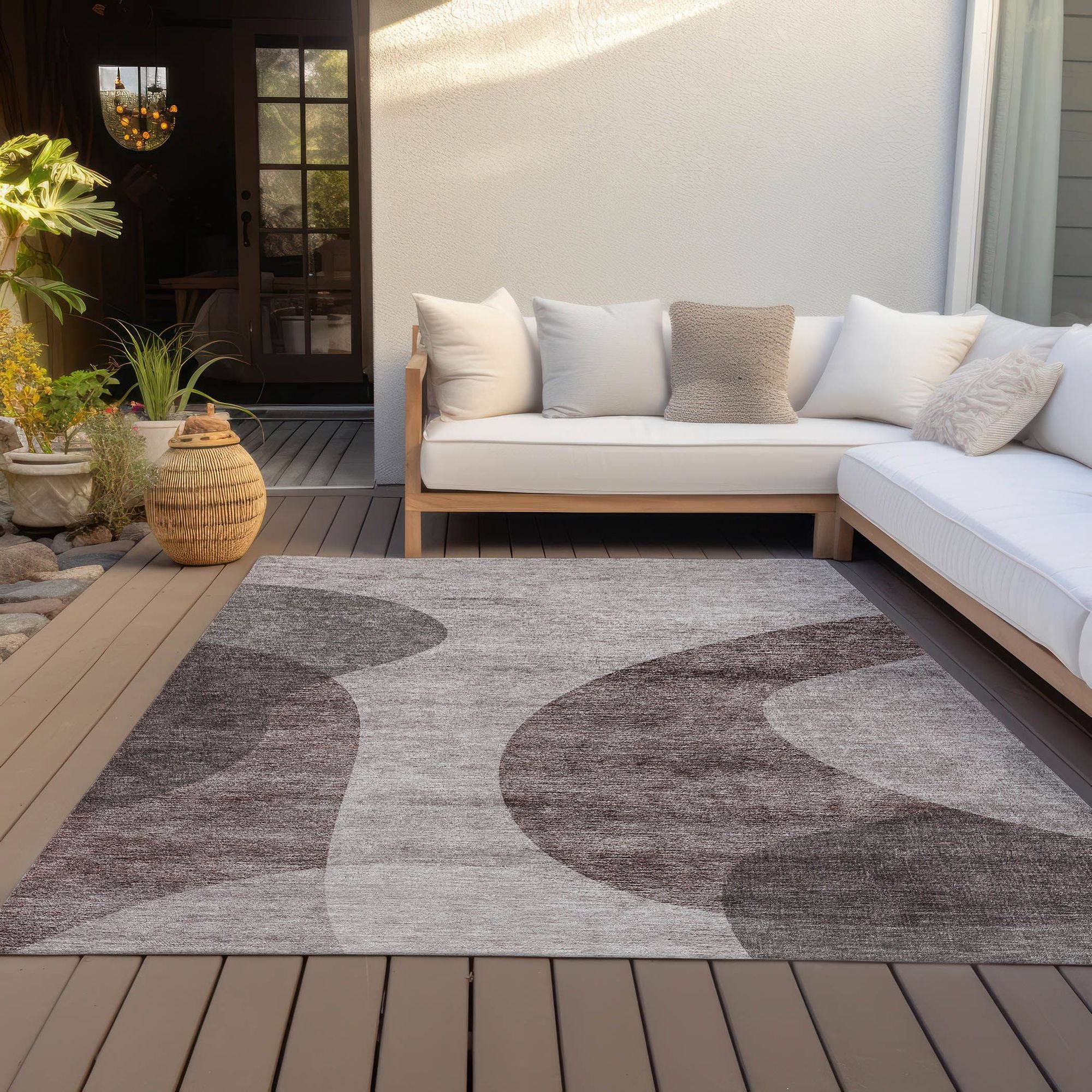 Machine Washable Mocha Brown Rug - Indoor / Outdoor - Kids / Pet Friendly Art Deco Print Rug