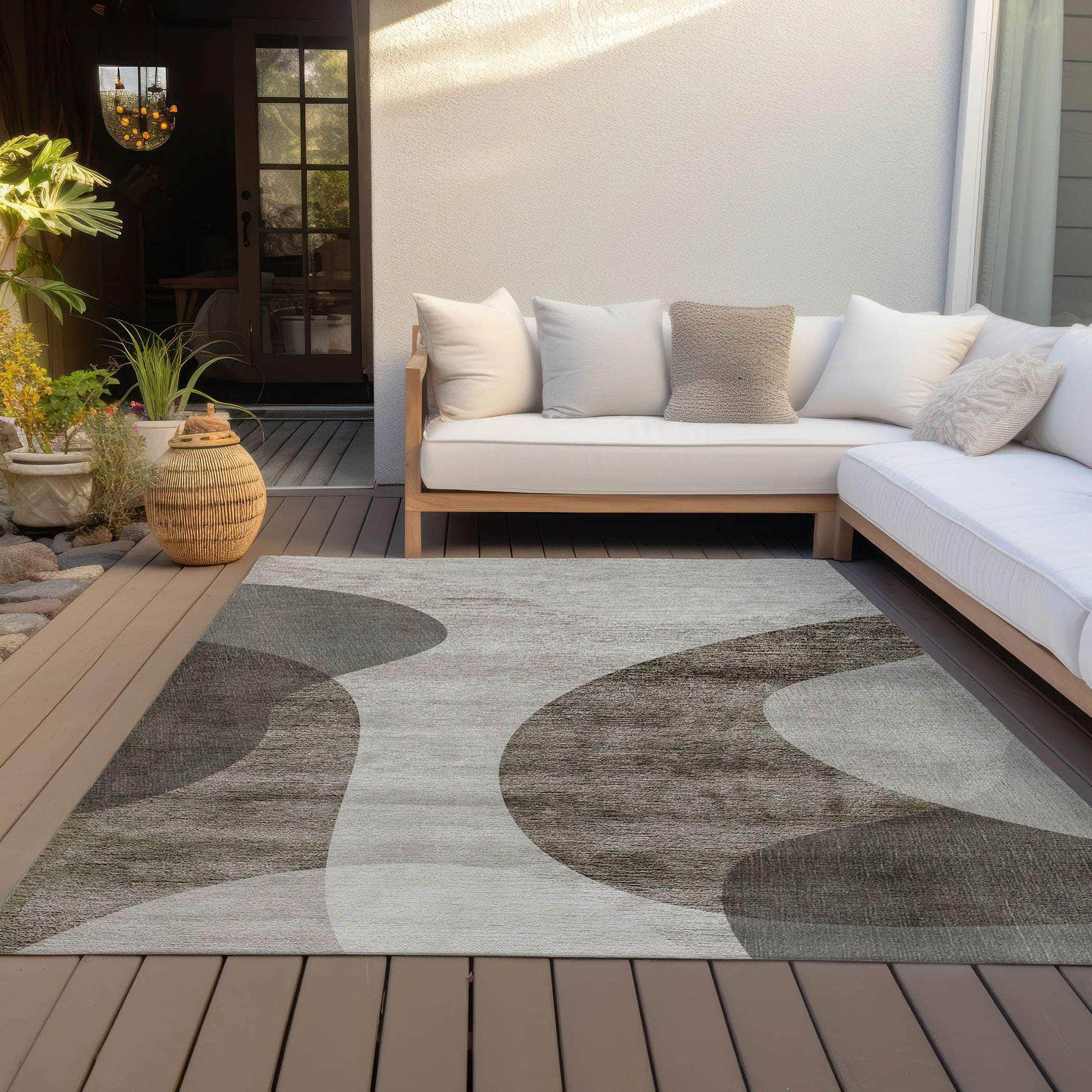 Machine Washable Taupe Brown Rug - Indoor / Outdoor - Kids / Pet Friendly Art Deco Print Rug