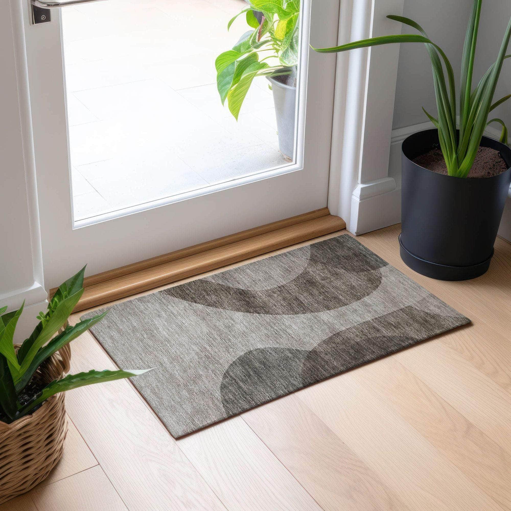 Machine Washable Taupe Brown Rug - Indoor / Outdoor - Kids / Pet Friendly Art Deco Print Rug