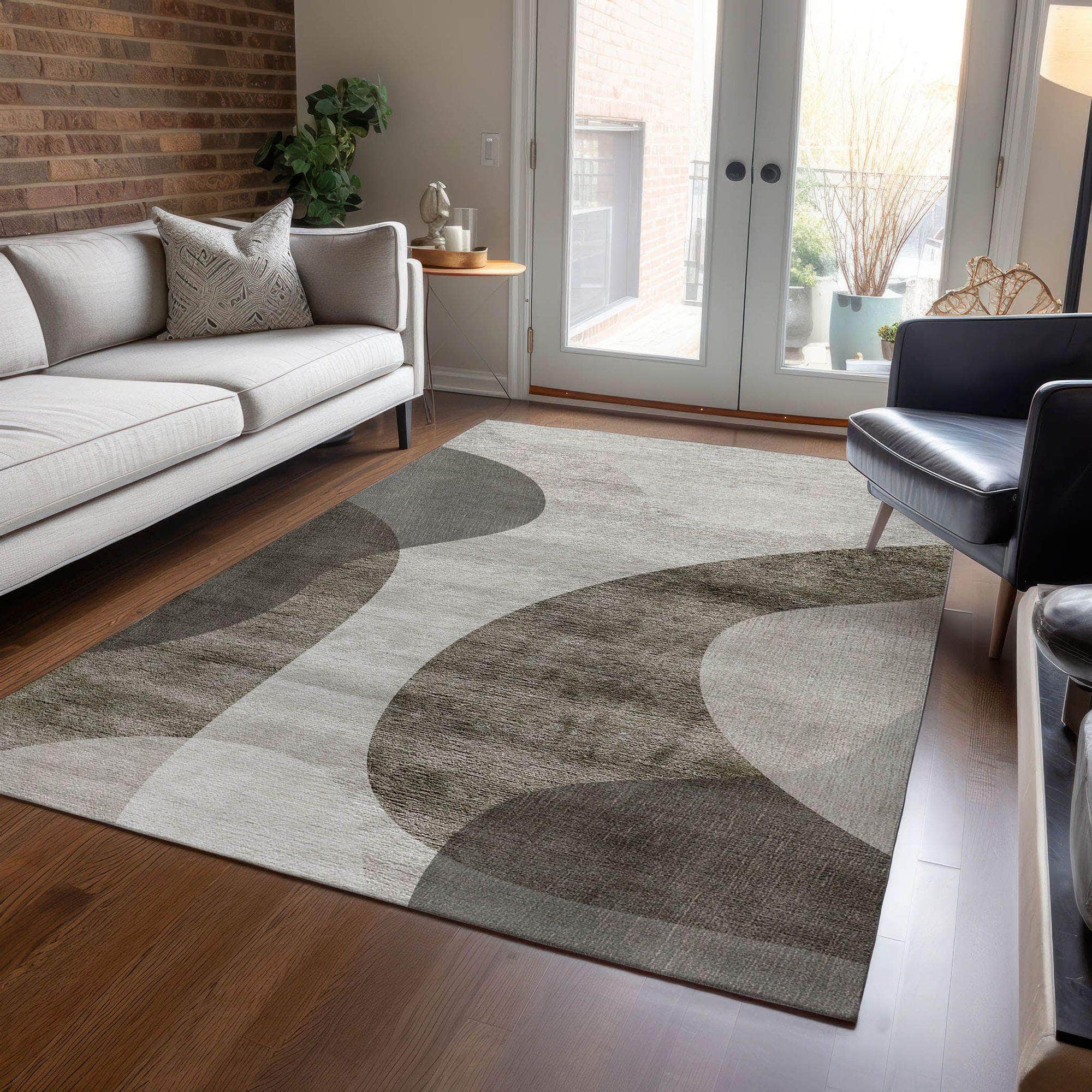 Machine Washable Taupe Brown Rug - Indoor / Outdoor - Kids / Pet Friendly Art Deco Print Rug